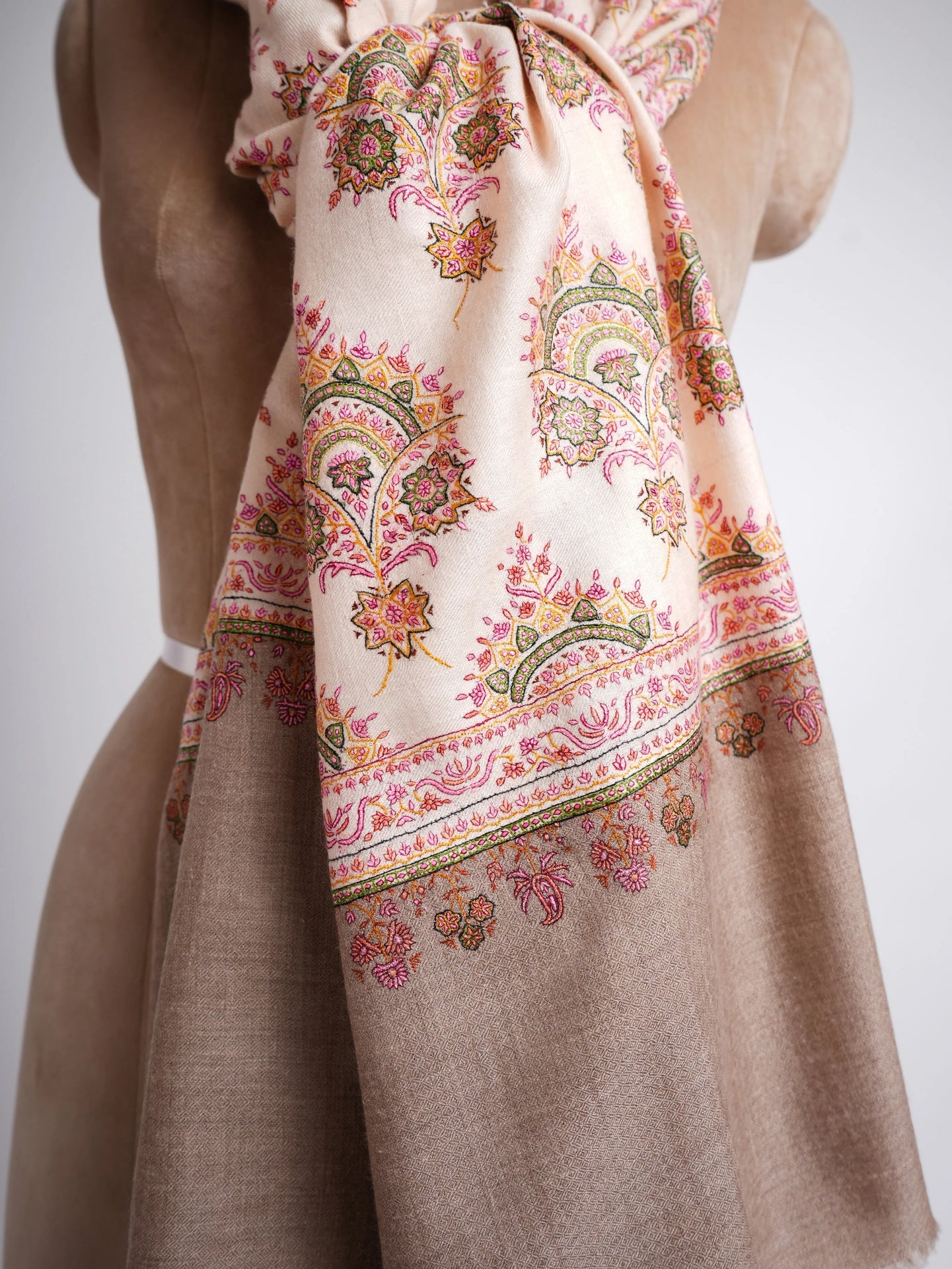 Silk Sozni Hand Embroidered Butah Pashmina Shawl Natural Shahkaar