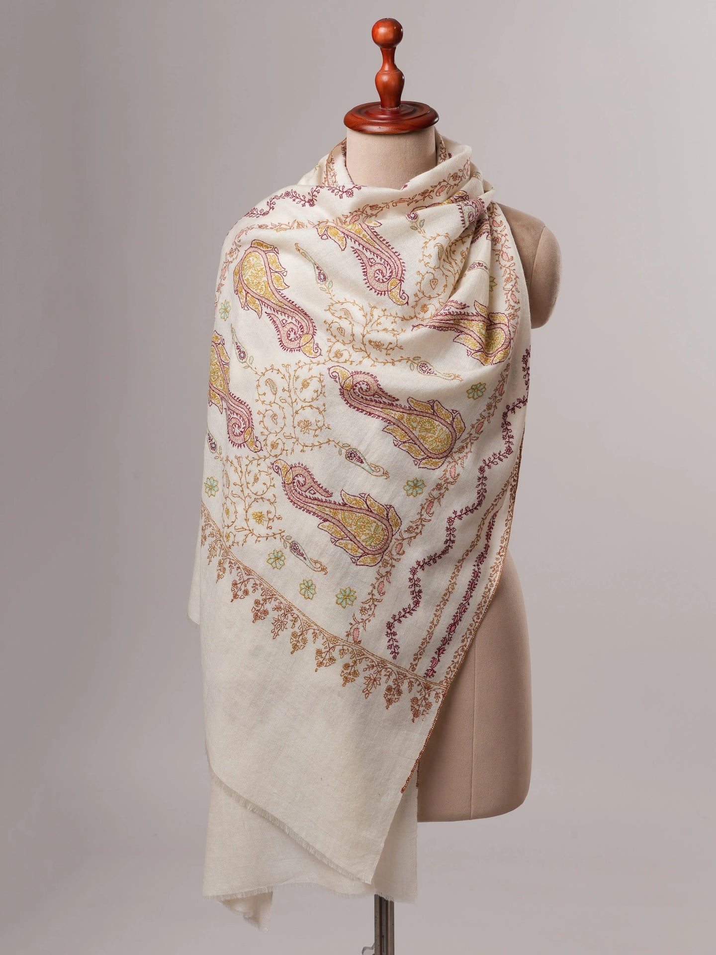Soft Ivory Cashmere Scarf with Fine Embroidered Detailing Shahkaar