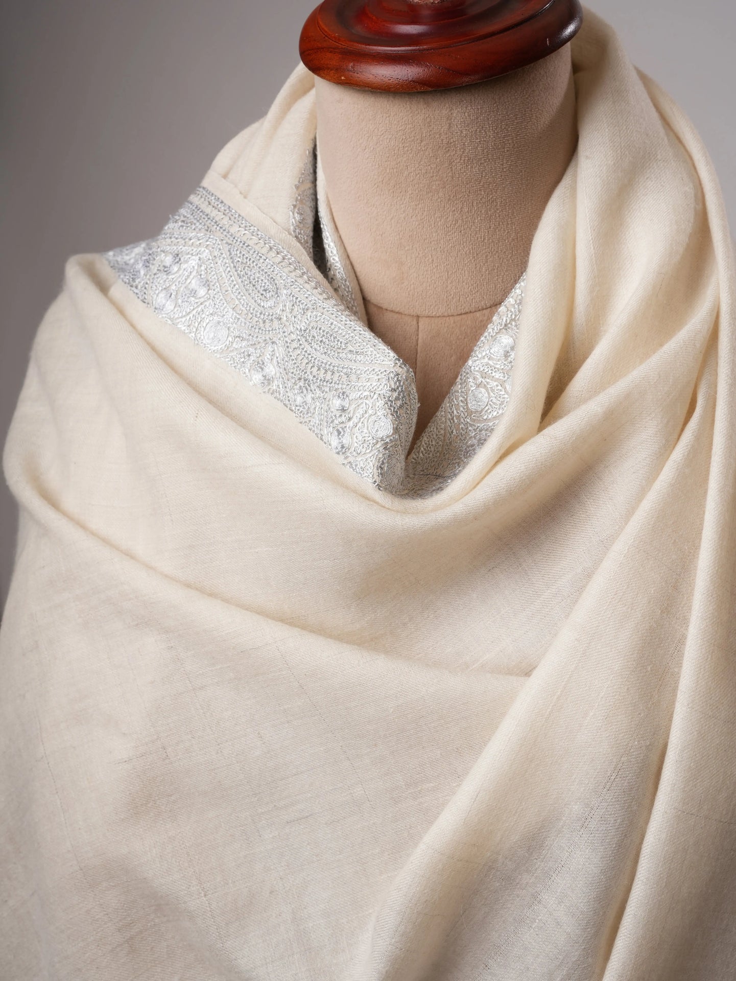 Soft Ivory Kashmiri Pashmina with Classic Silver Daurdaar Tilla Work Shahkaar