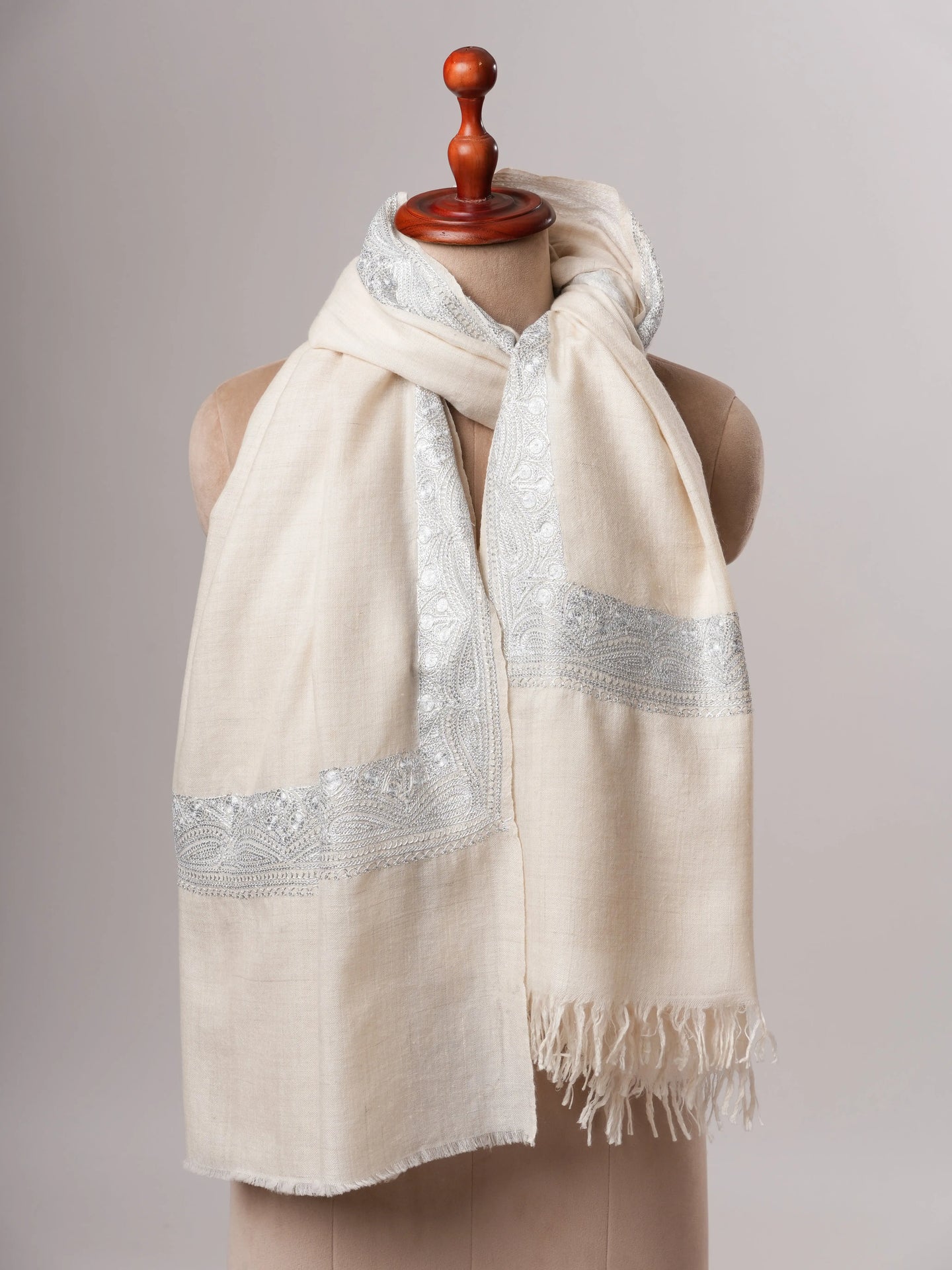 Soft Ivory Kashmiri Pashmina with Classic Silver Daurdaar Tilla Work Shahkaar