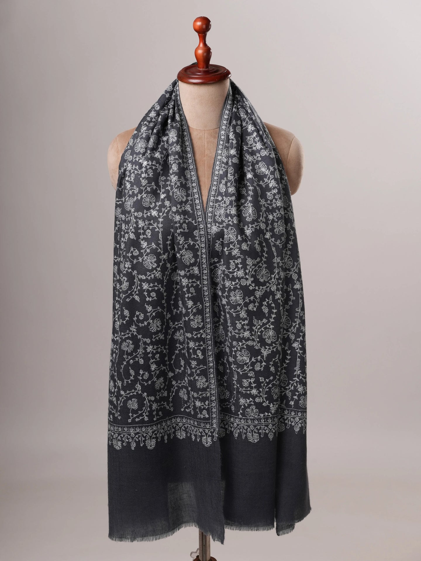 Steel Grey Cashmere Scarf with All Over Hand Embroidery Shahkaar