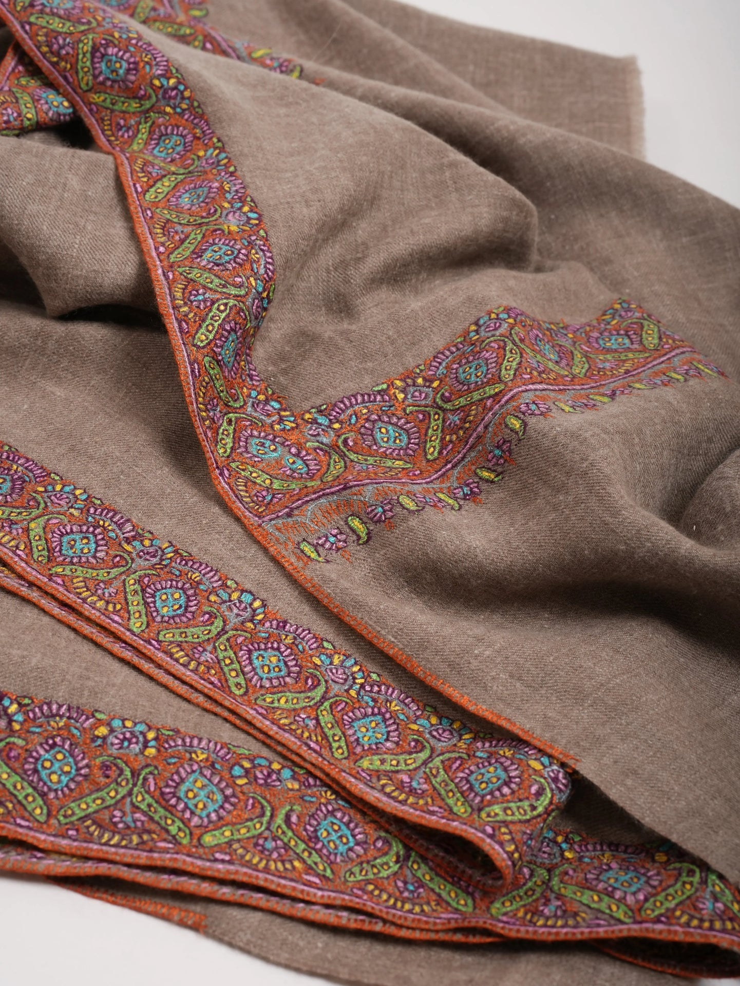 Taupe Traditional Neemdaur Needlework Pashmina Shawl Shahkaar