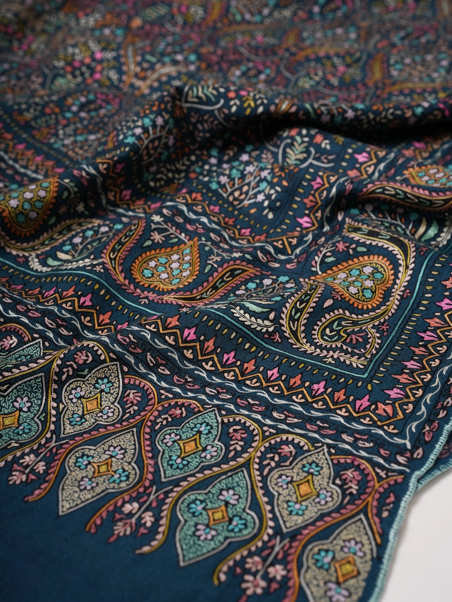 Teal Pashmina Shawl with Hand Hook Embroidery Shahkaar