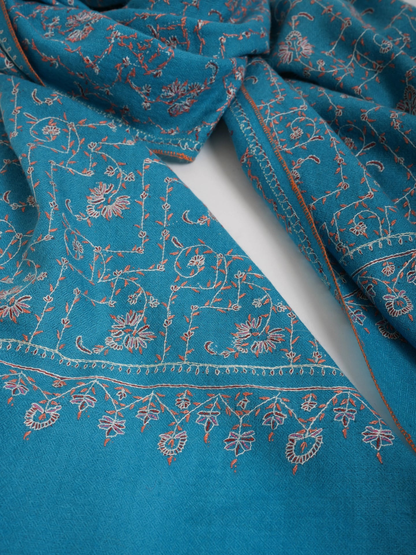 Turquoise Jaali Sozni Embroidered Kashmiri Pashmina Stole Shahkaar