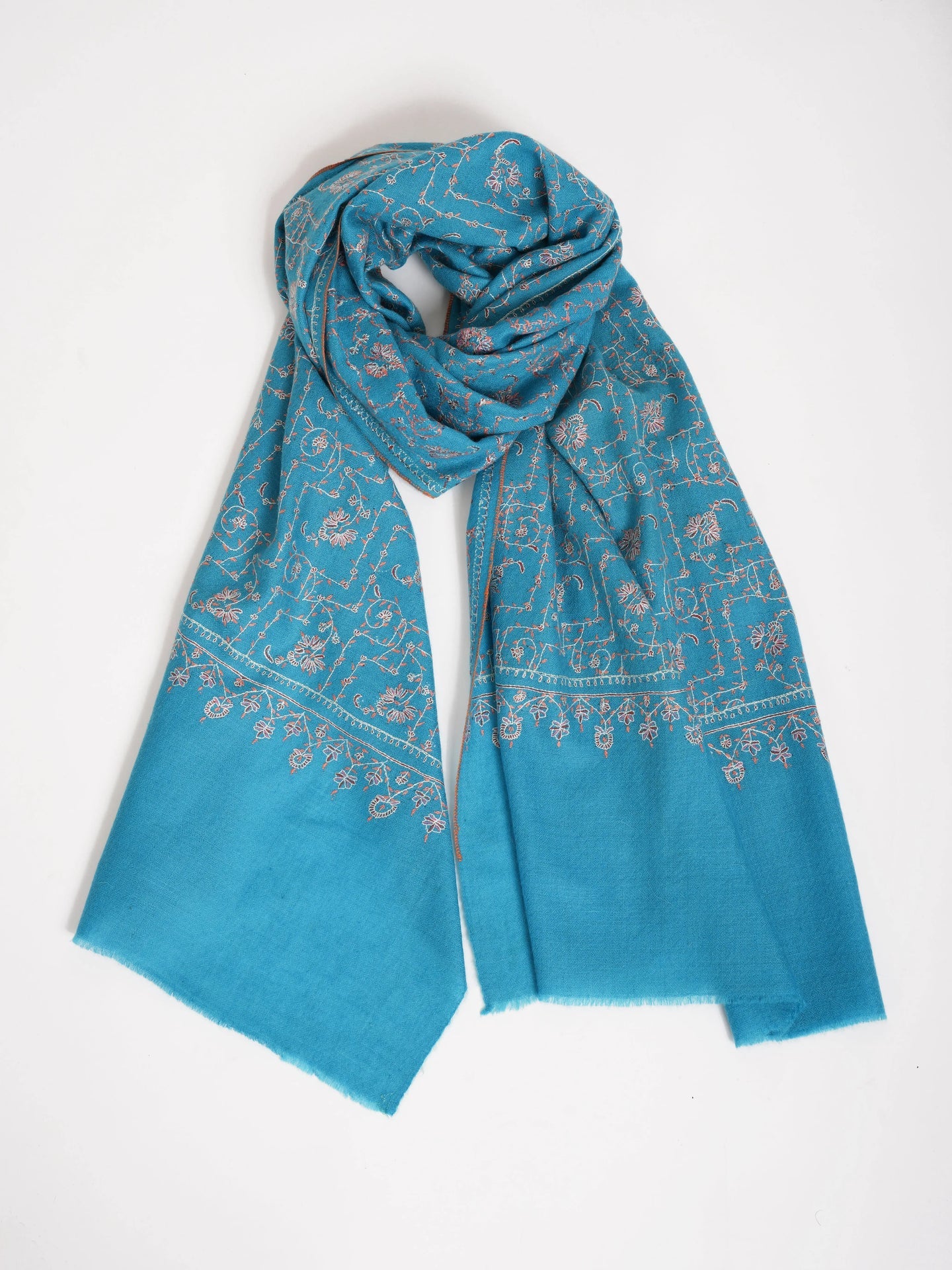 Turquoise Jaali Sozni Embroidered Kashmiri Pashmina Stole Shahkaar