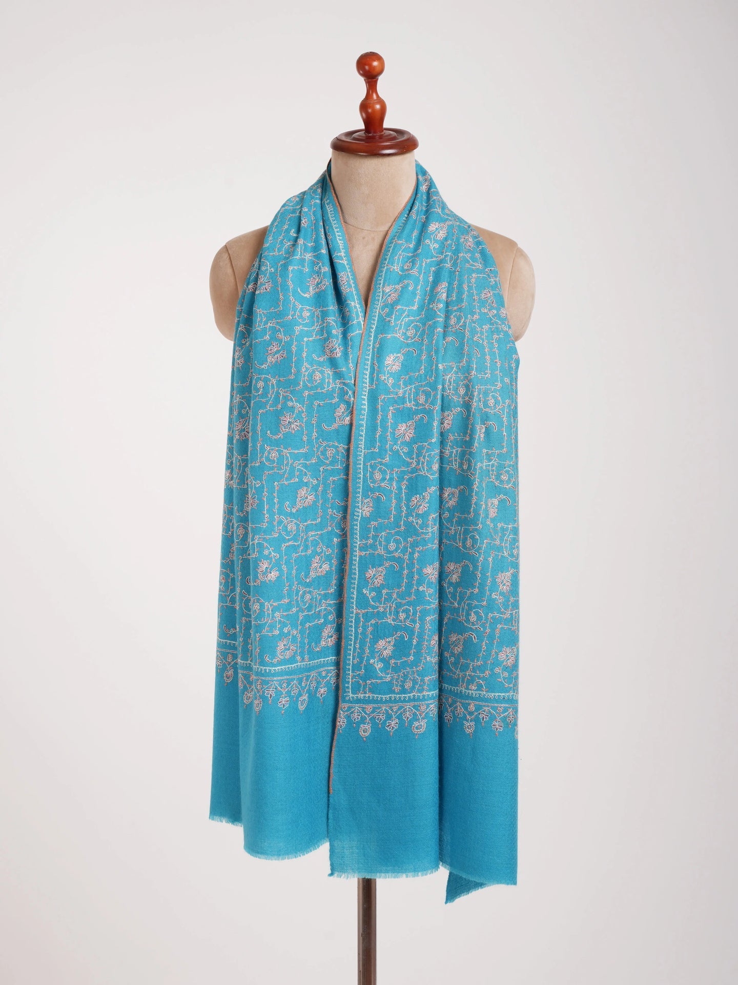 Turquoise Jaali Sozni Embroidered Kashmiri Pashmina Stole Shahkaar