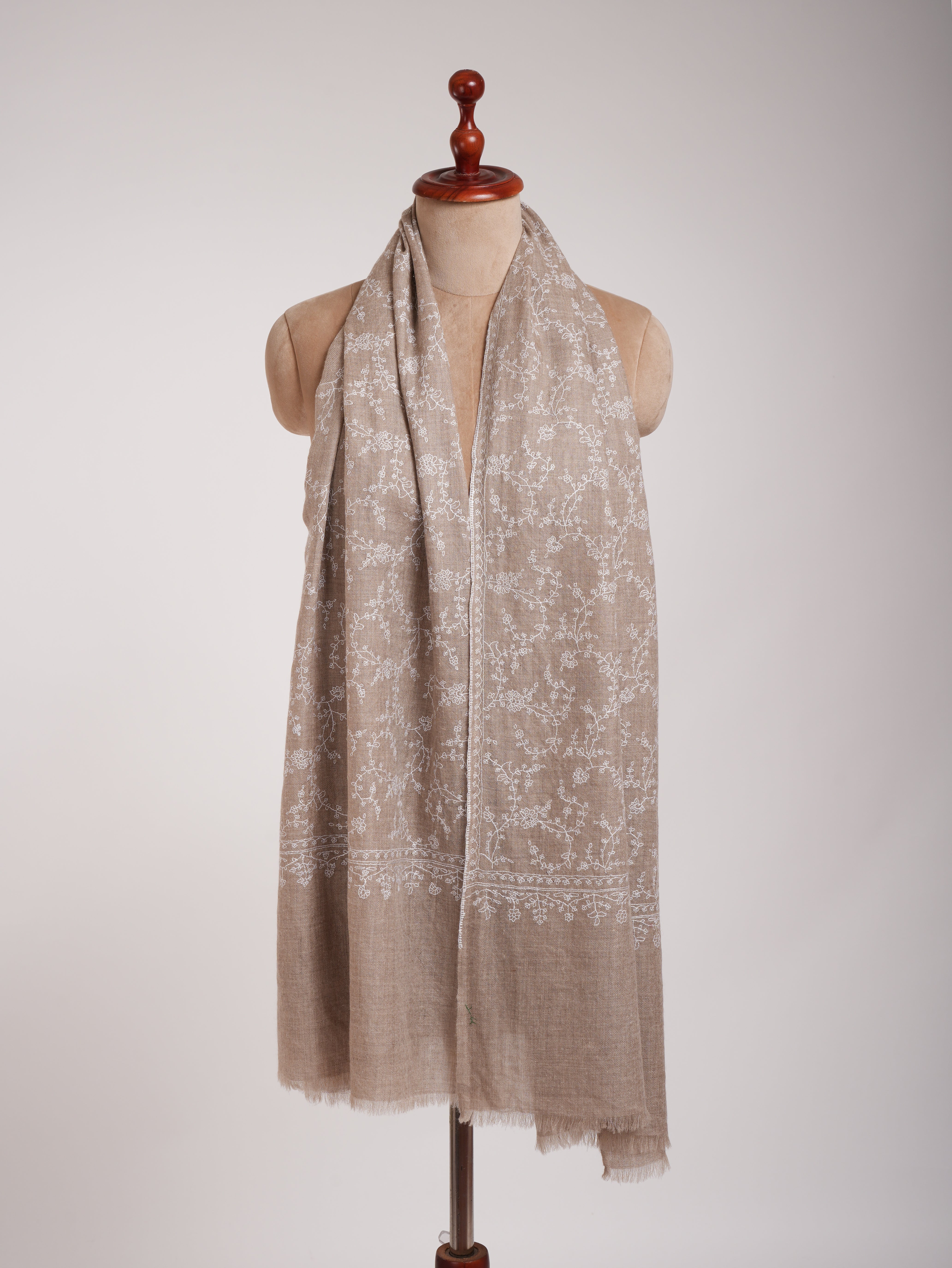 Thin Natural Grey Cashmere Scarf with White Sozni Embroidery