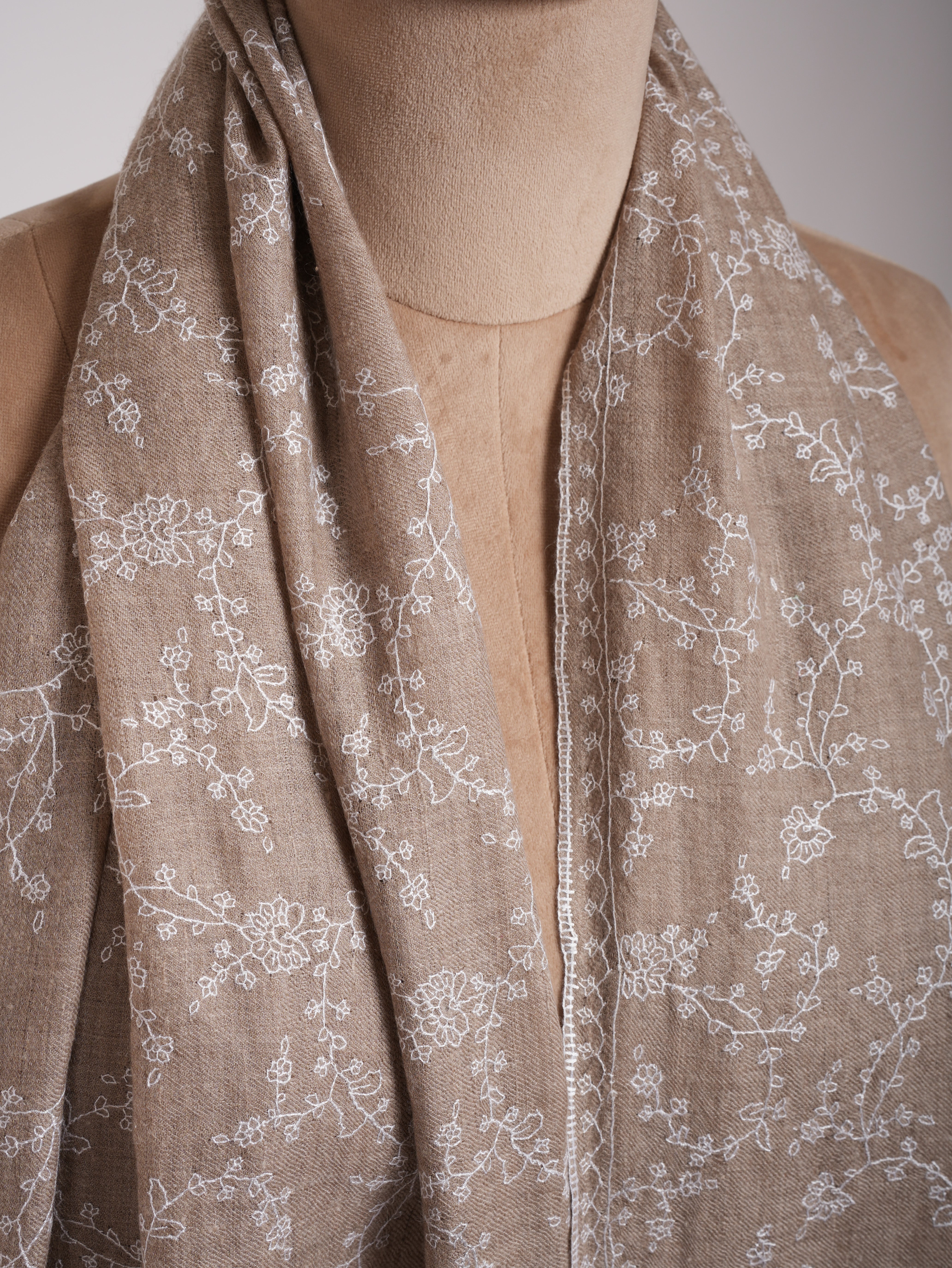 Thin Natural Grey Cashmere Scarf with White Sozni Embroidery