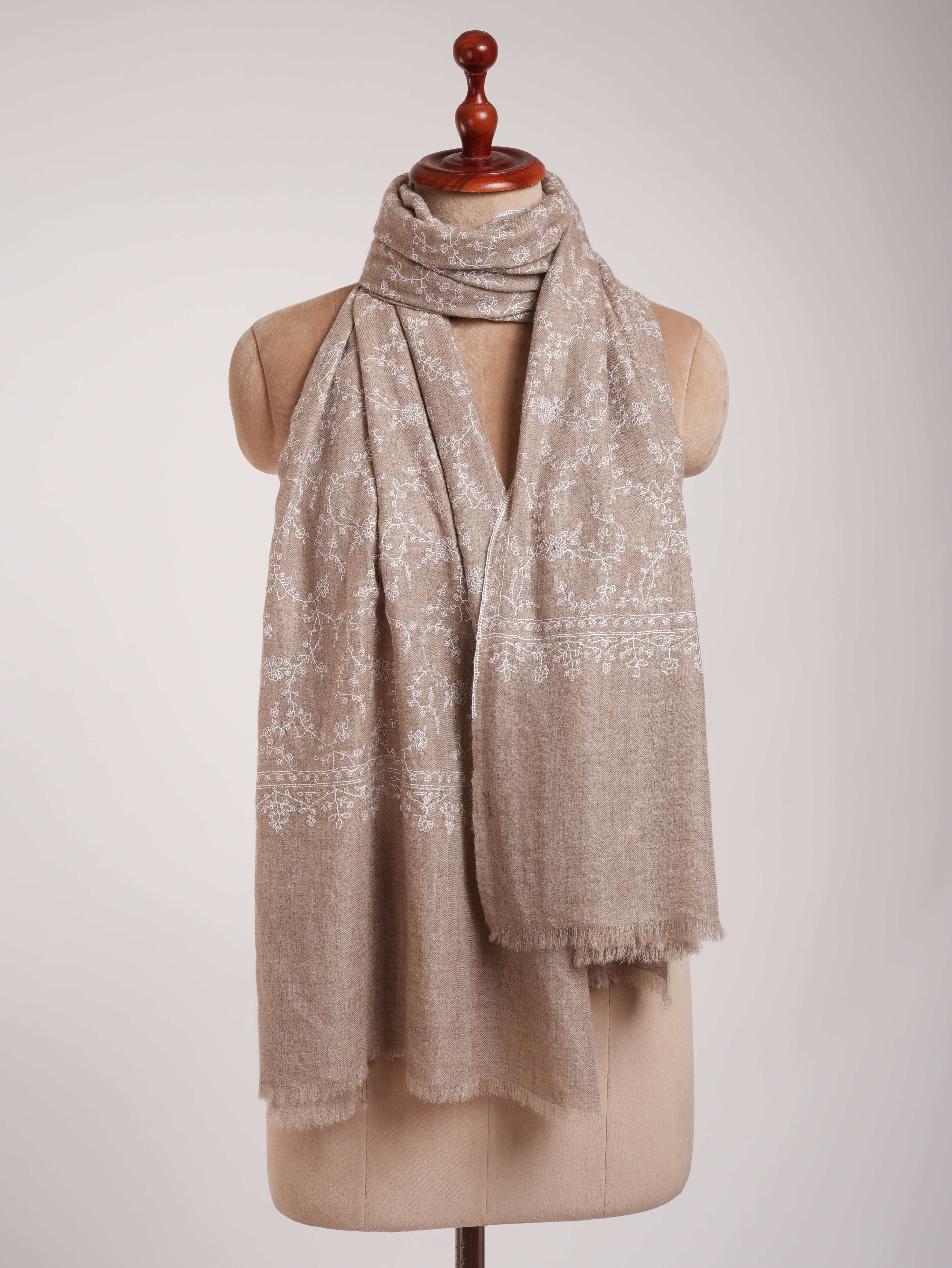 Thin Natural Grey Cashmere Scarf with White Sozni Embroidery