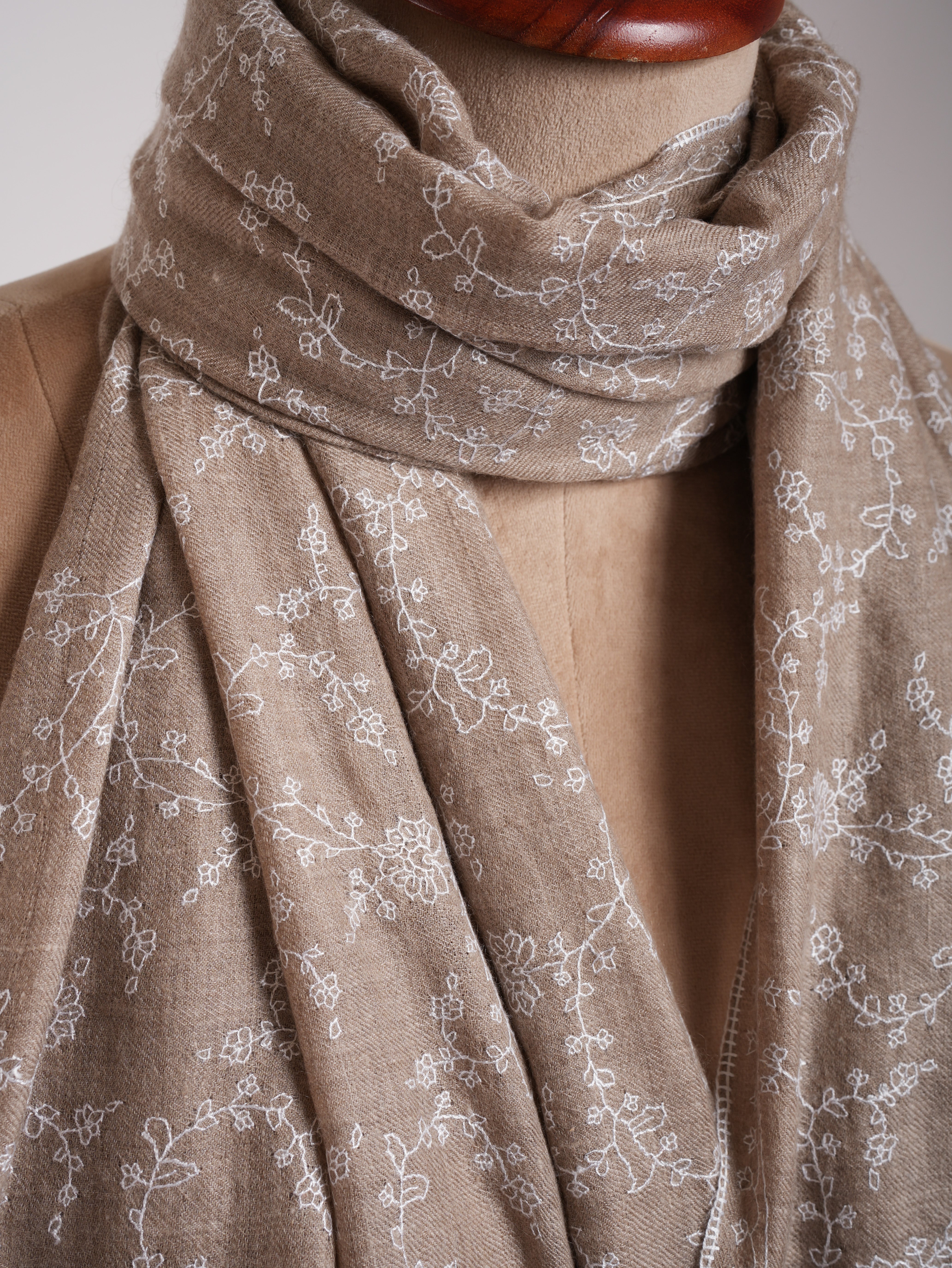 Thin Natural Grey Cashmere Scarf with White Sozni Embroidery