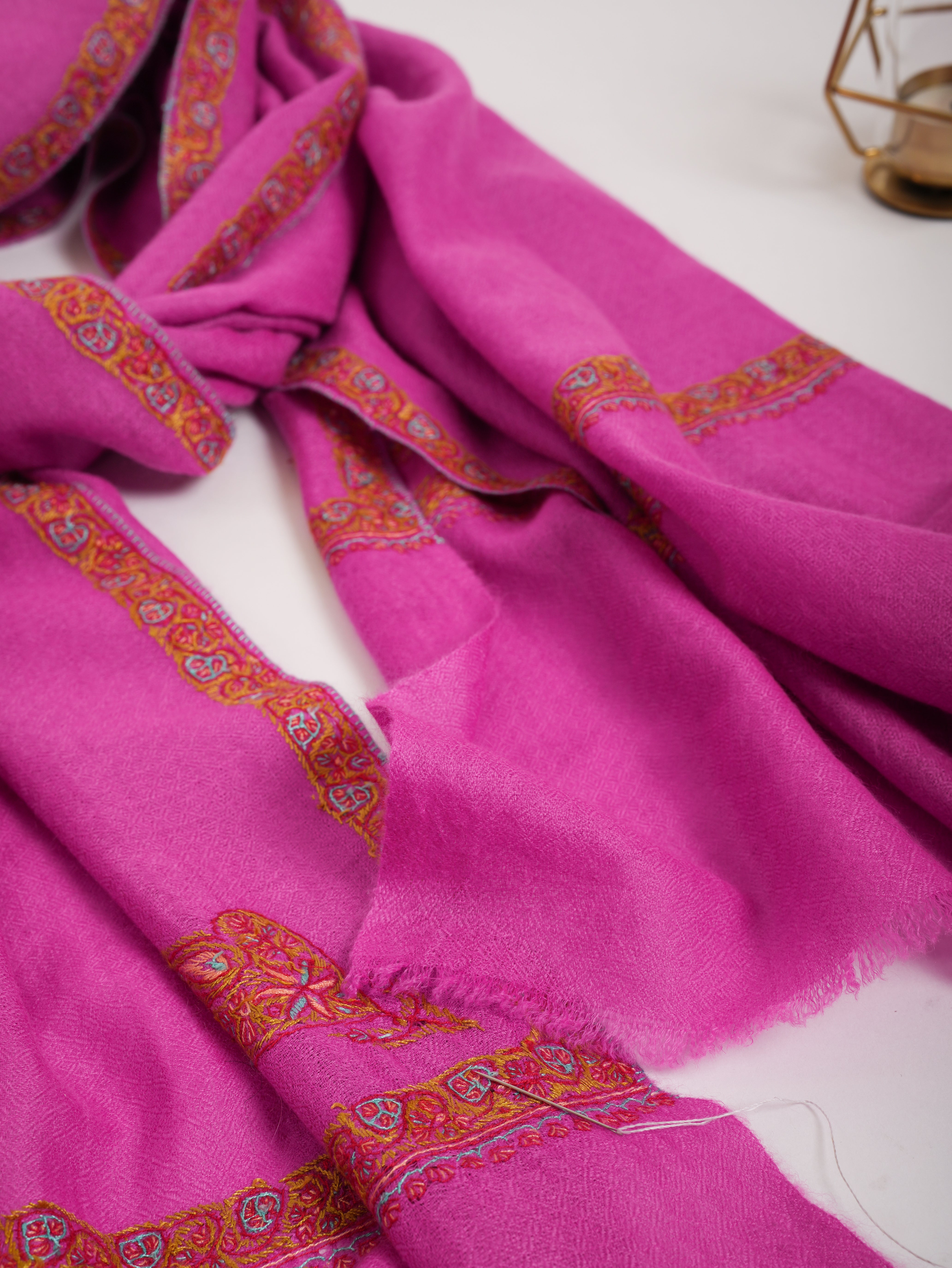 Hashia Embroidered  Magenta Pink Indian Cashmere Scarf