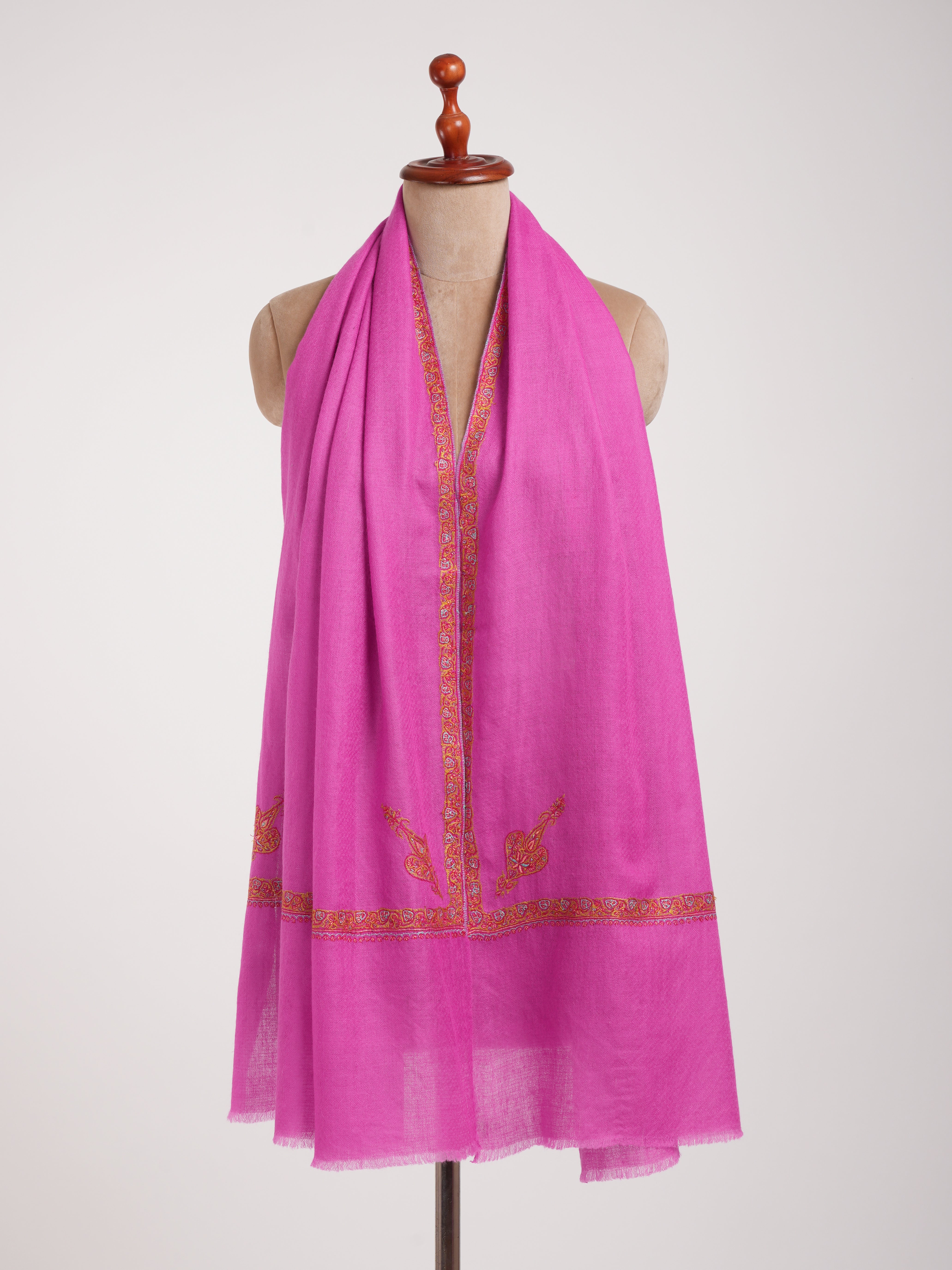 Hashia Embroidered  Magenta Pink Indian Cashmere Scarf