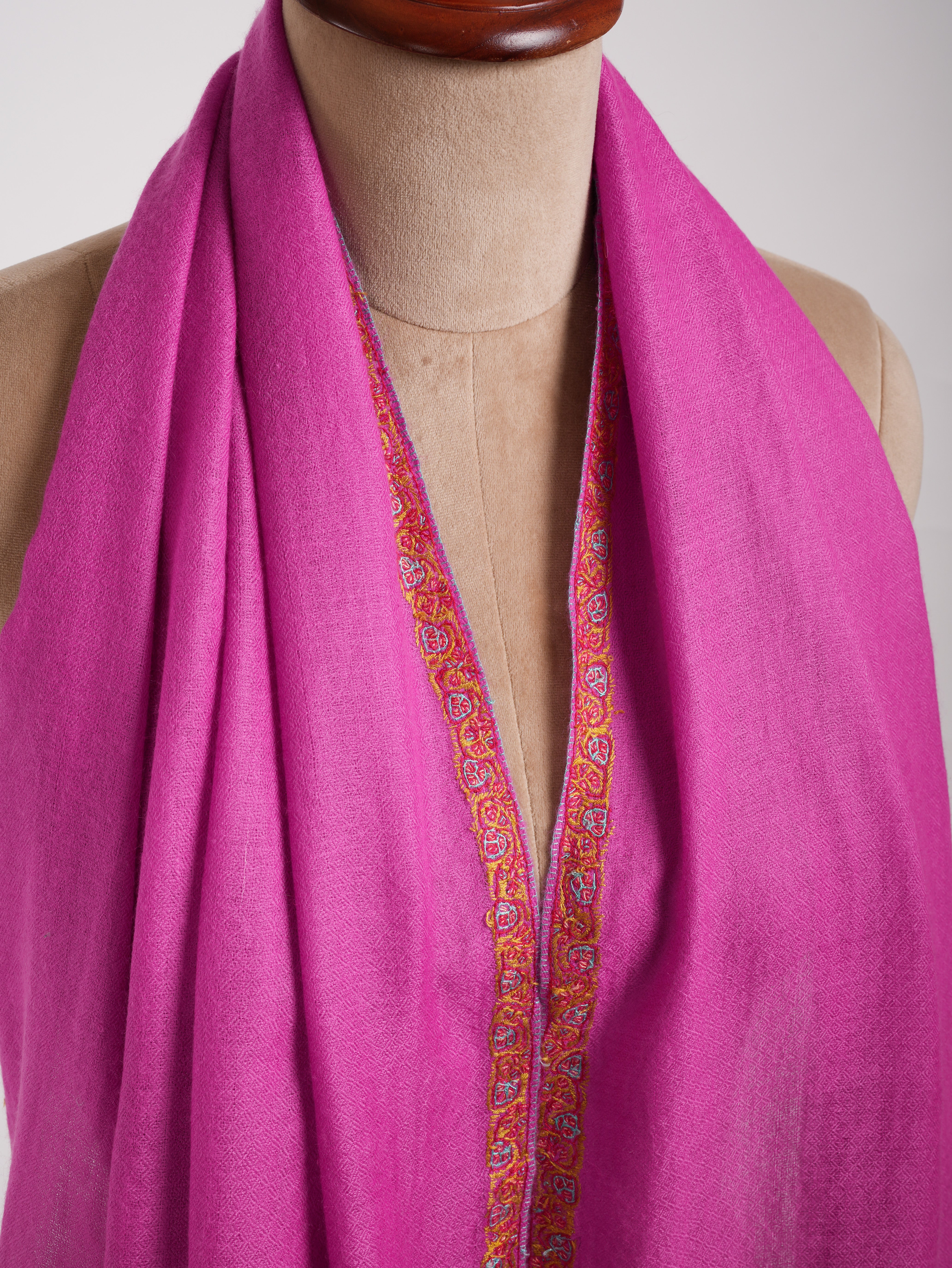 Hashia Embroidered  Magenta Pink Indian Cashmere Scarf