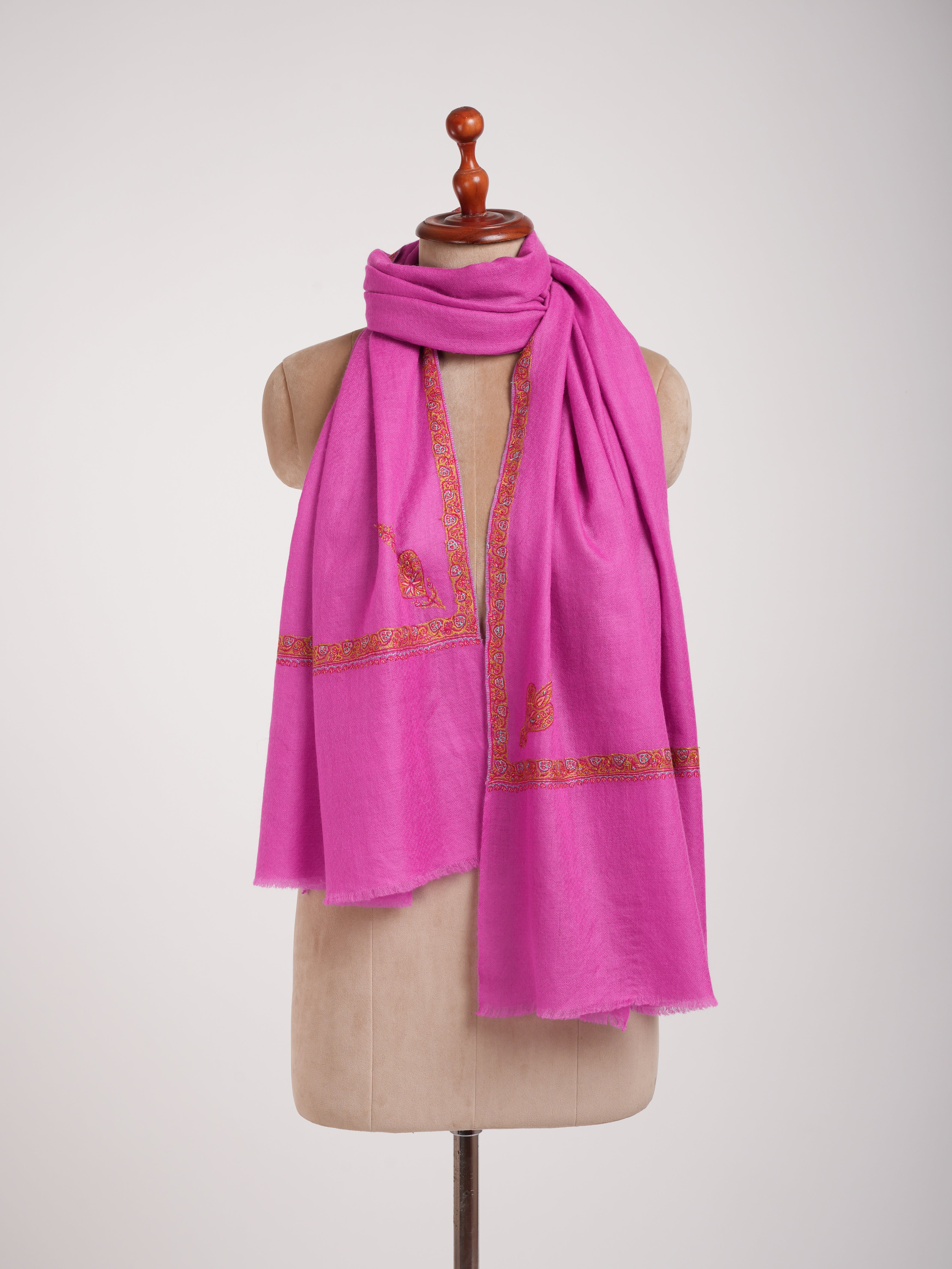 Hashia Embroidered  Magenta Pink Indian Cashmere Scarf