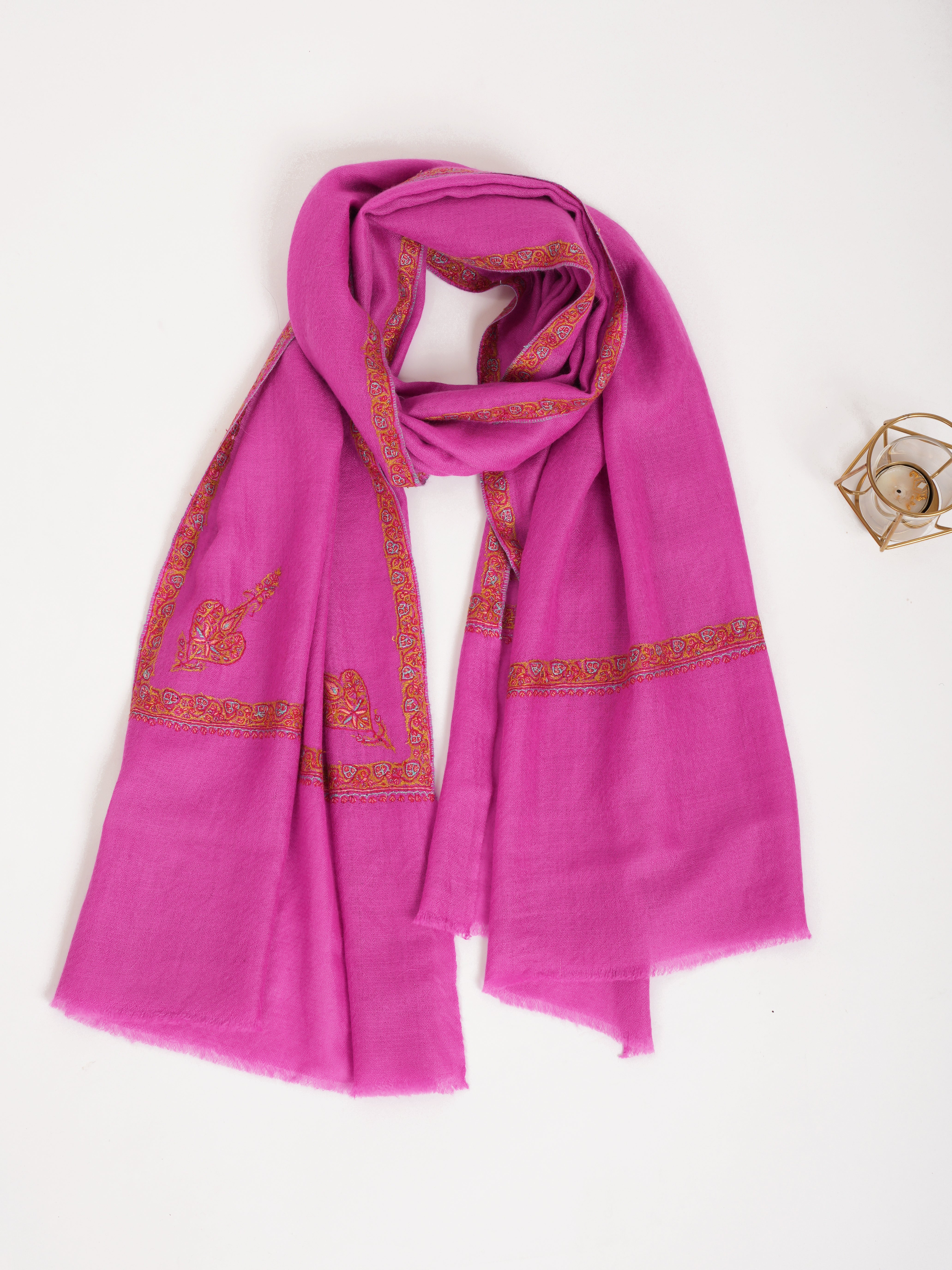 Hashia Embroidered  Magenta Pink Indian Cashmere Scarf