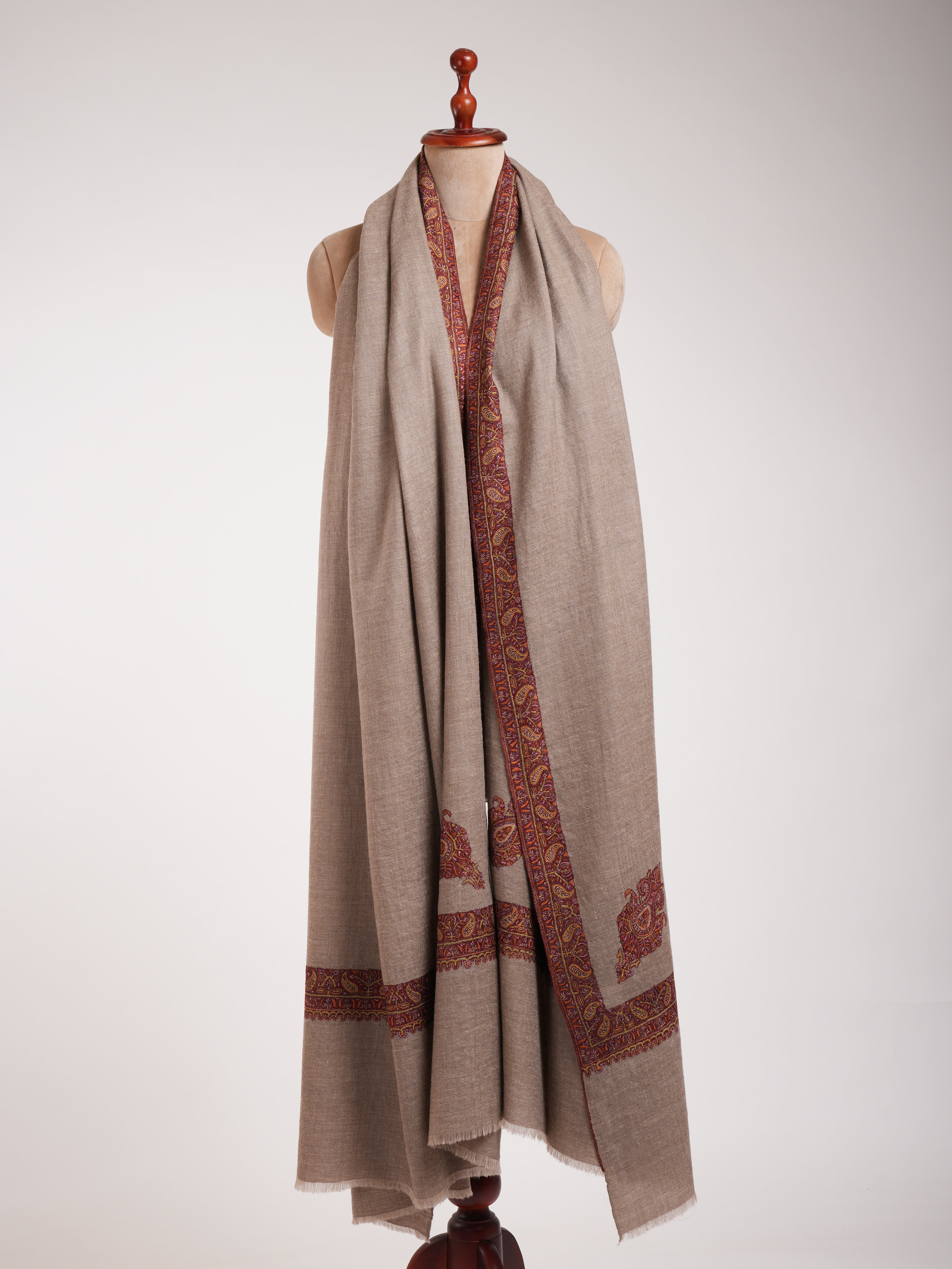 XL Natural Grey Rustic Pure Pashmina Embroidered Shawl