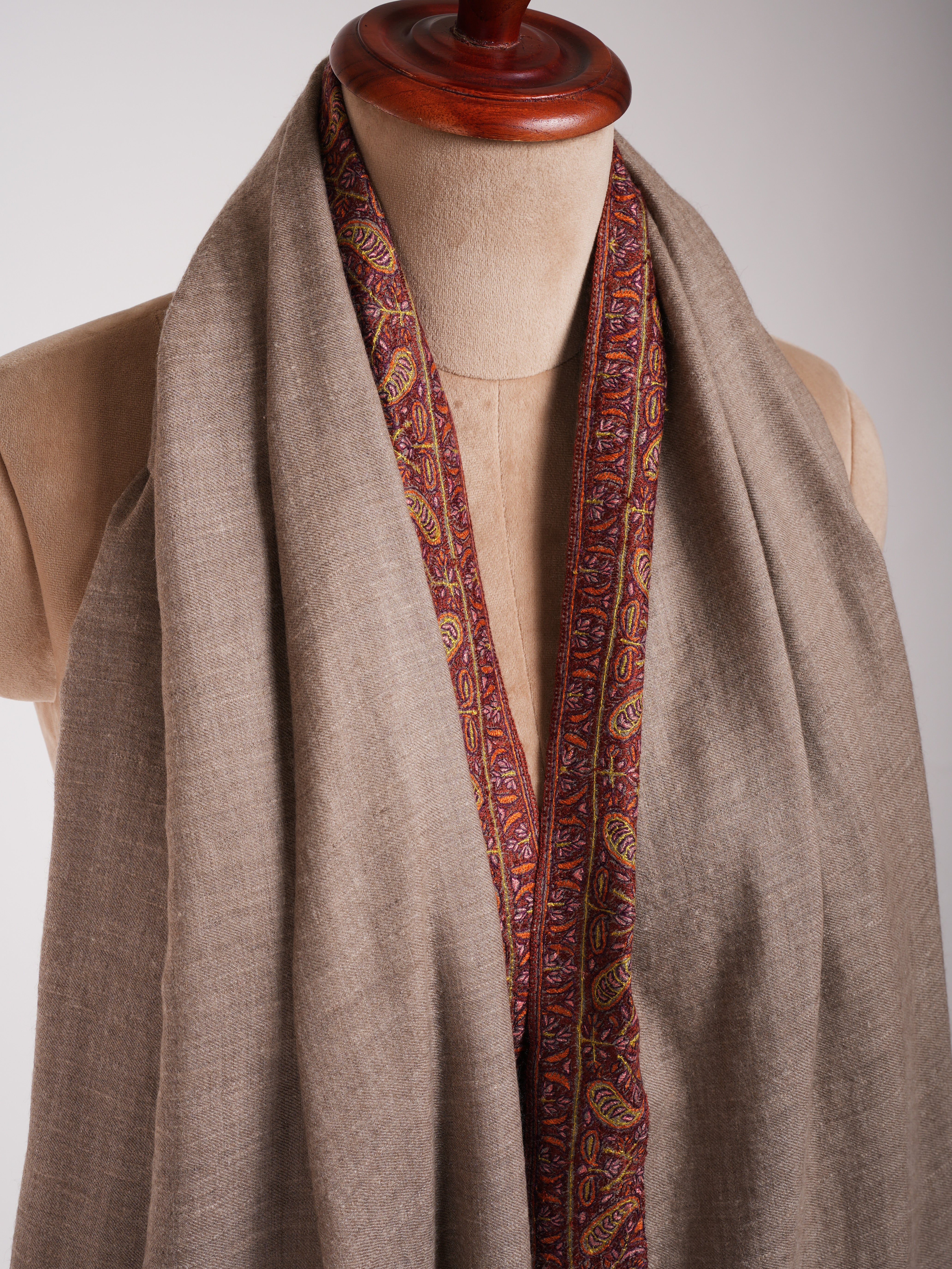 XL Natural Grey Rustic Pure Pashmina Embroidered Shawl