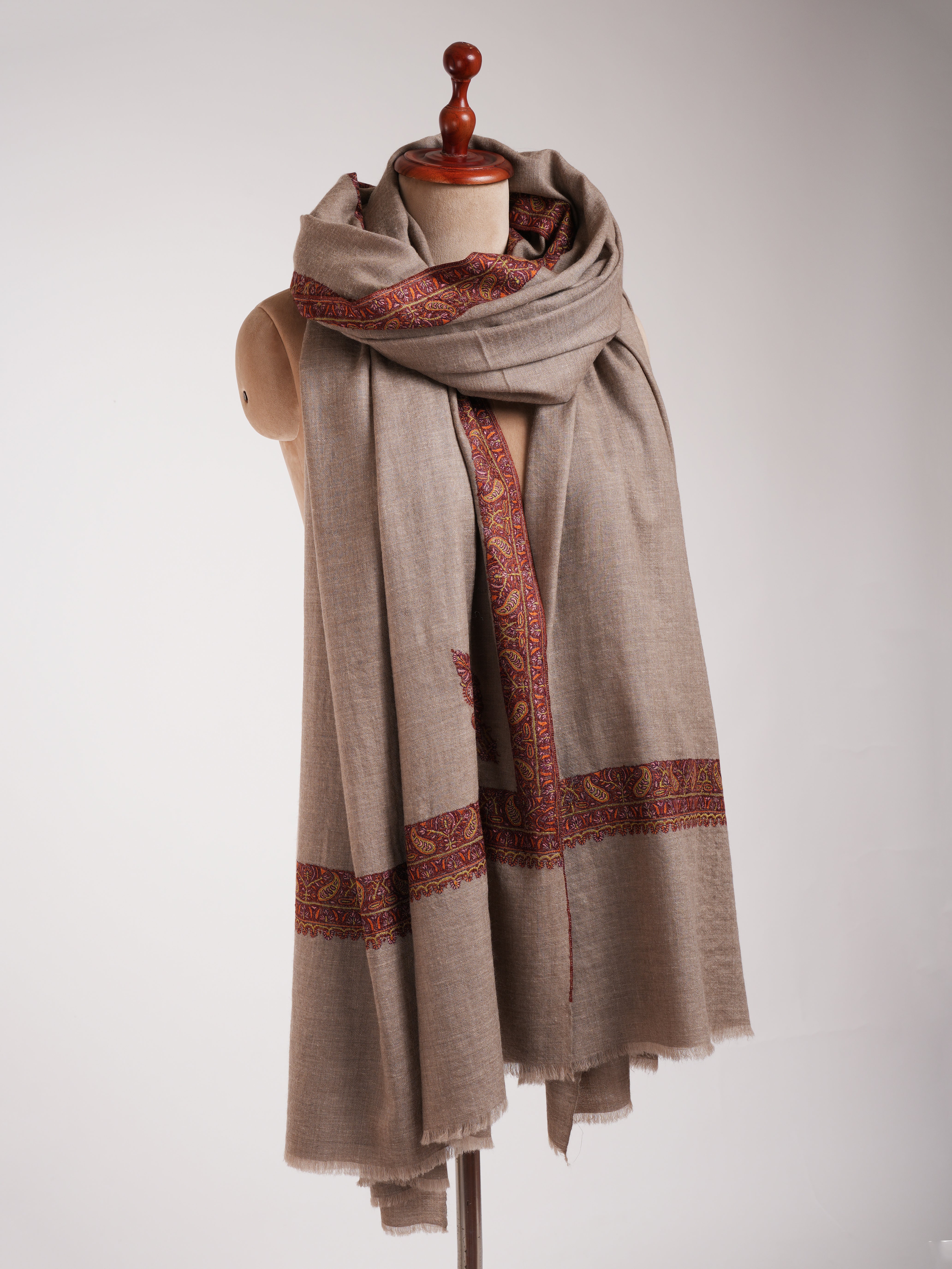 XL Natural Grey Rustic Pure Pashmina Embroidered Shawl