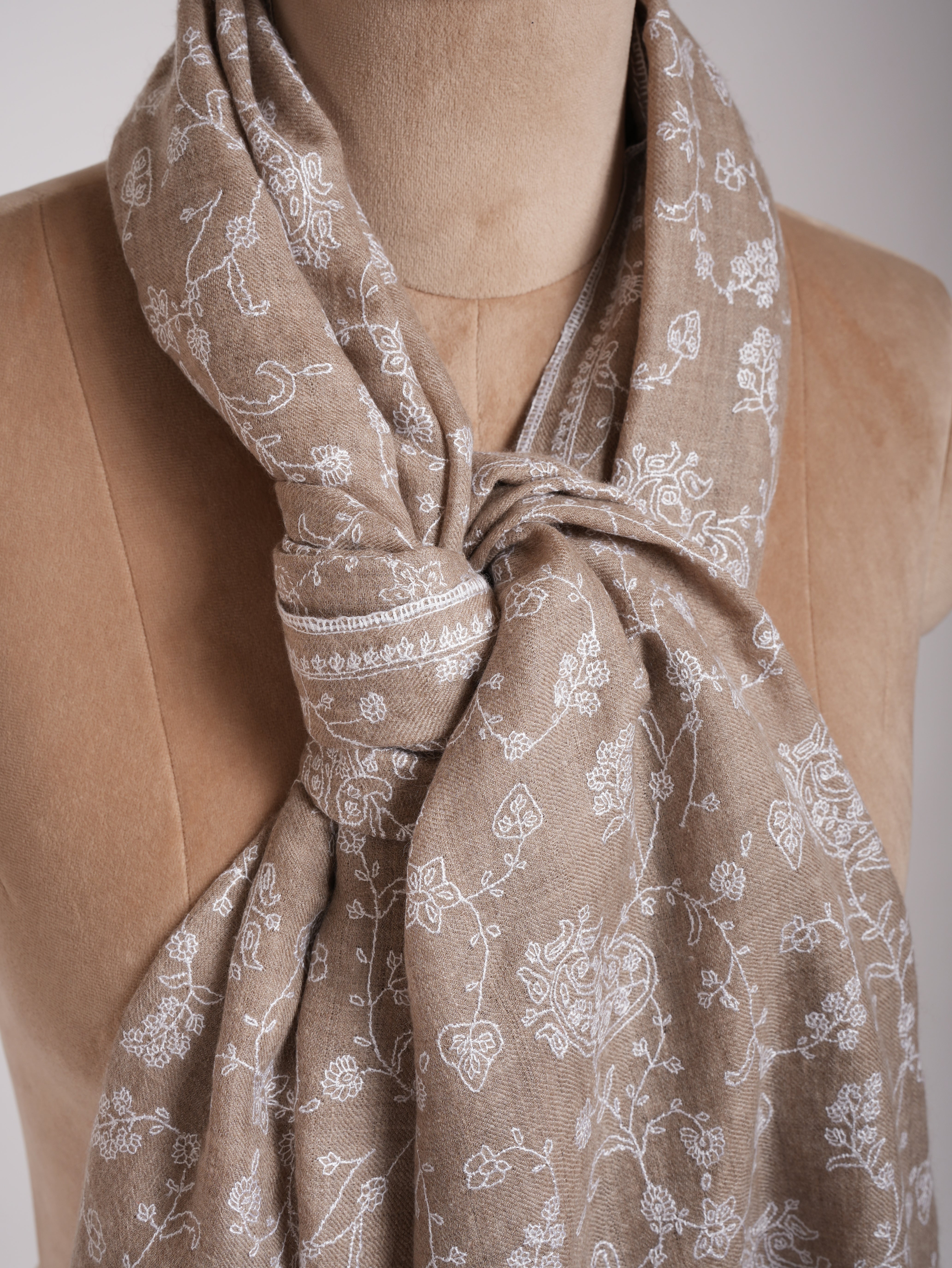 Natural Grey Lightweight in White Embroidery Cashmere Scarf