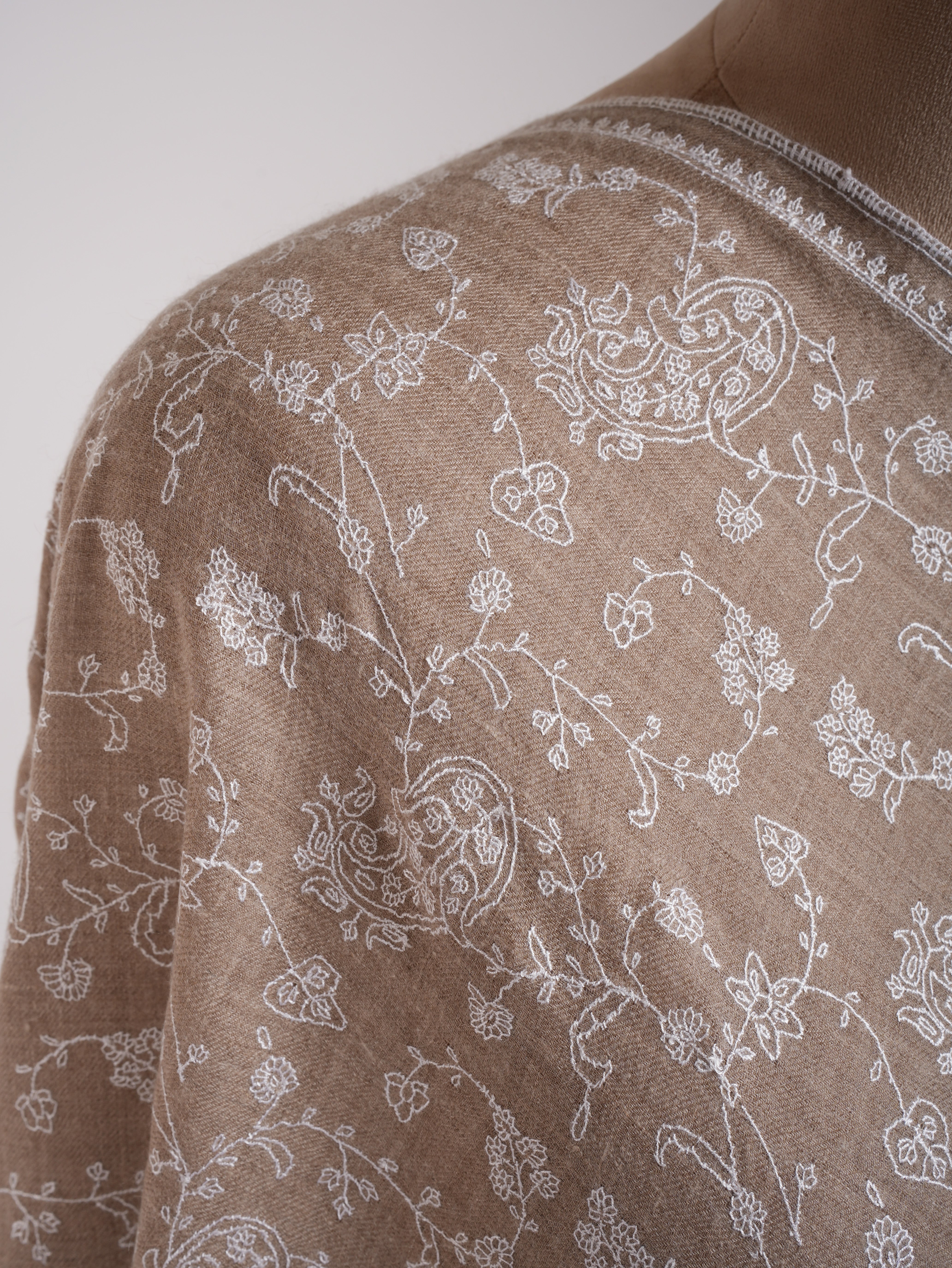 Natural Grey Lightweight in White Embroidery Cashmere Scarf