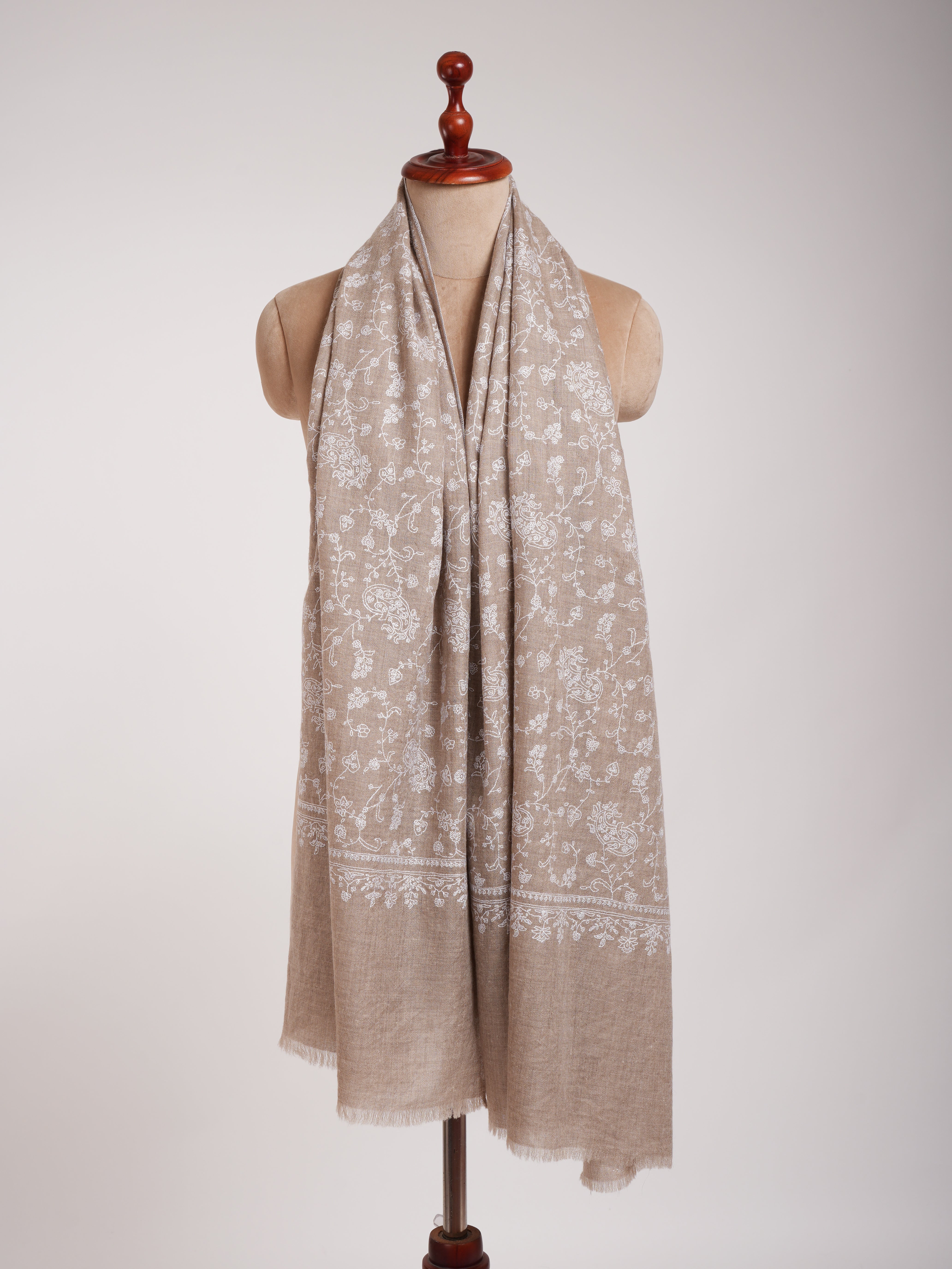 Natural Grey Lightweight in White Embroidery Cashmere Scarf