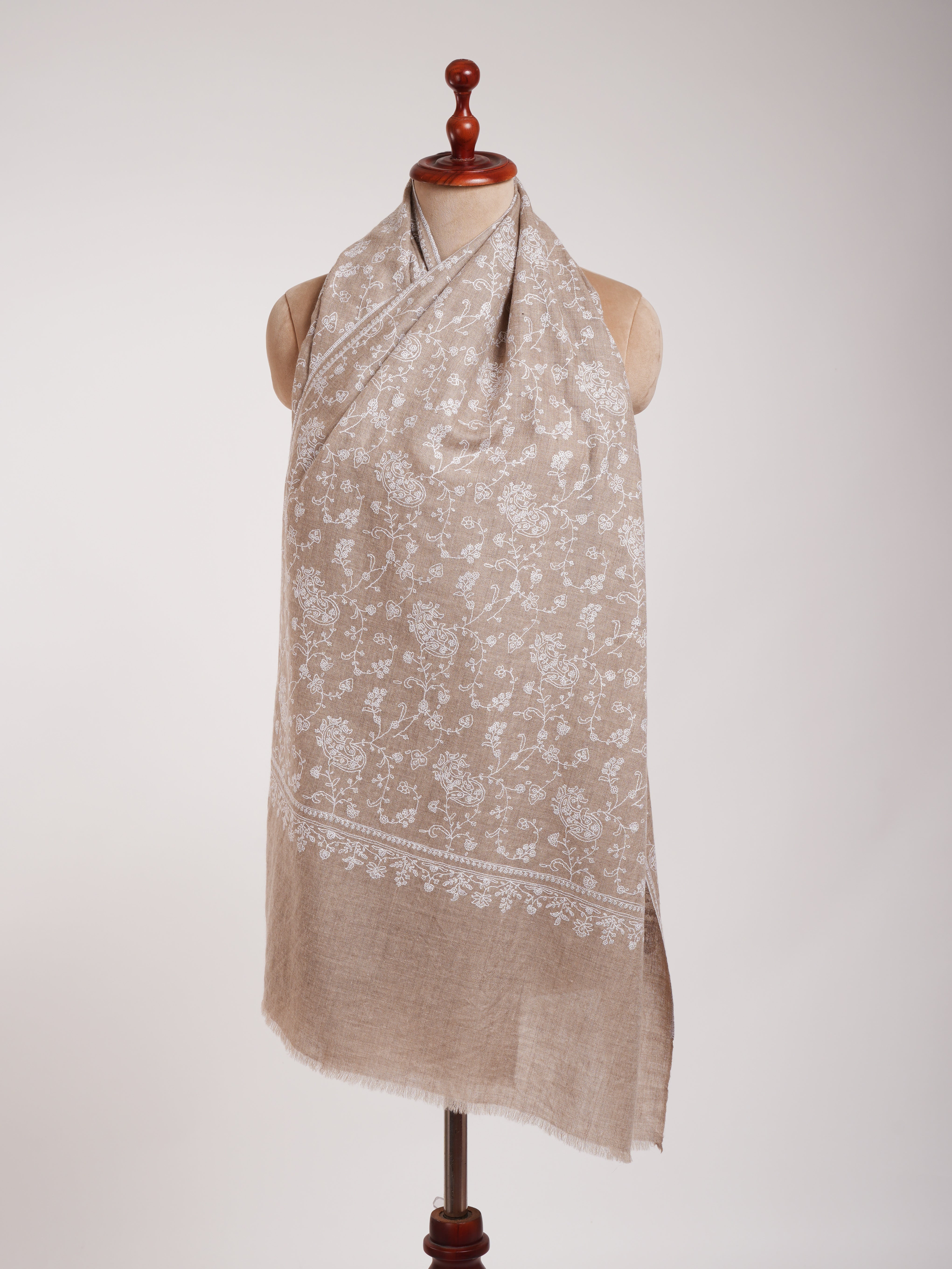 Natural Grey Lightweight in White Embroidery Cashmere Scarf