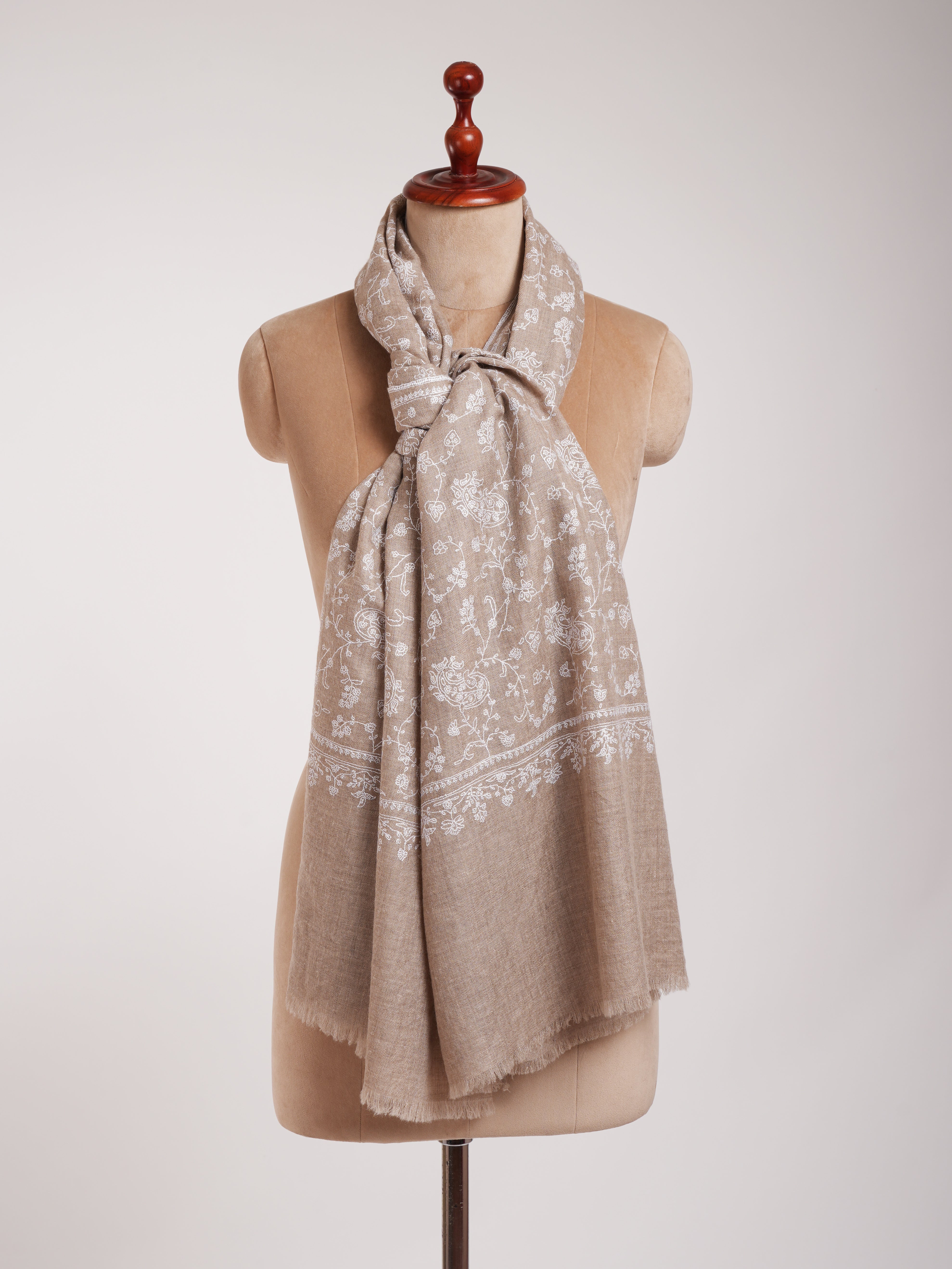 Natural Grey Lightweight in White Embroidery Cashmere Scarf