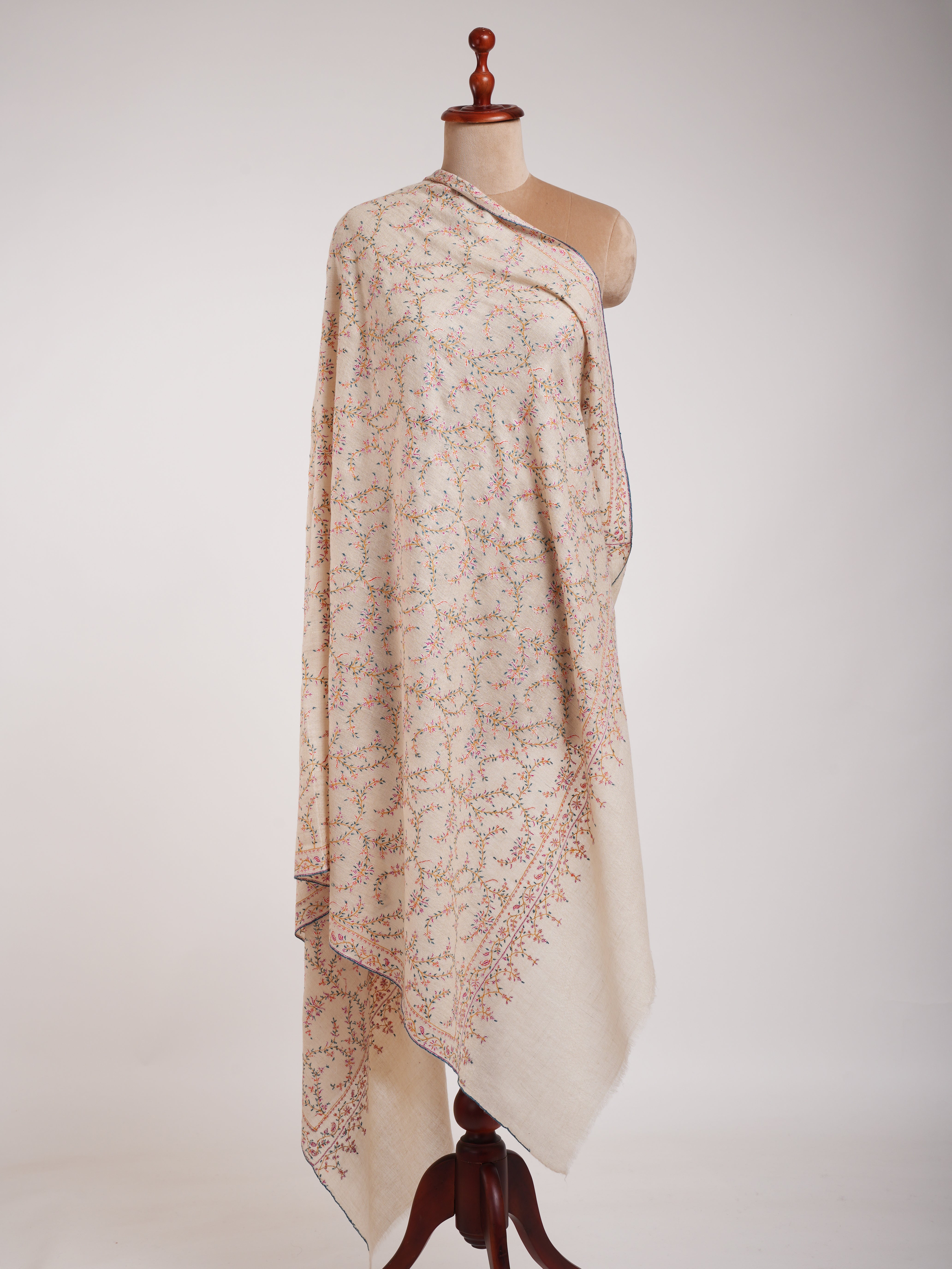 Ivory Authentic Pashmina Shawl with Sozni Embroidery