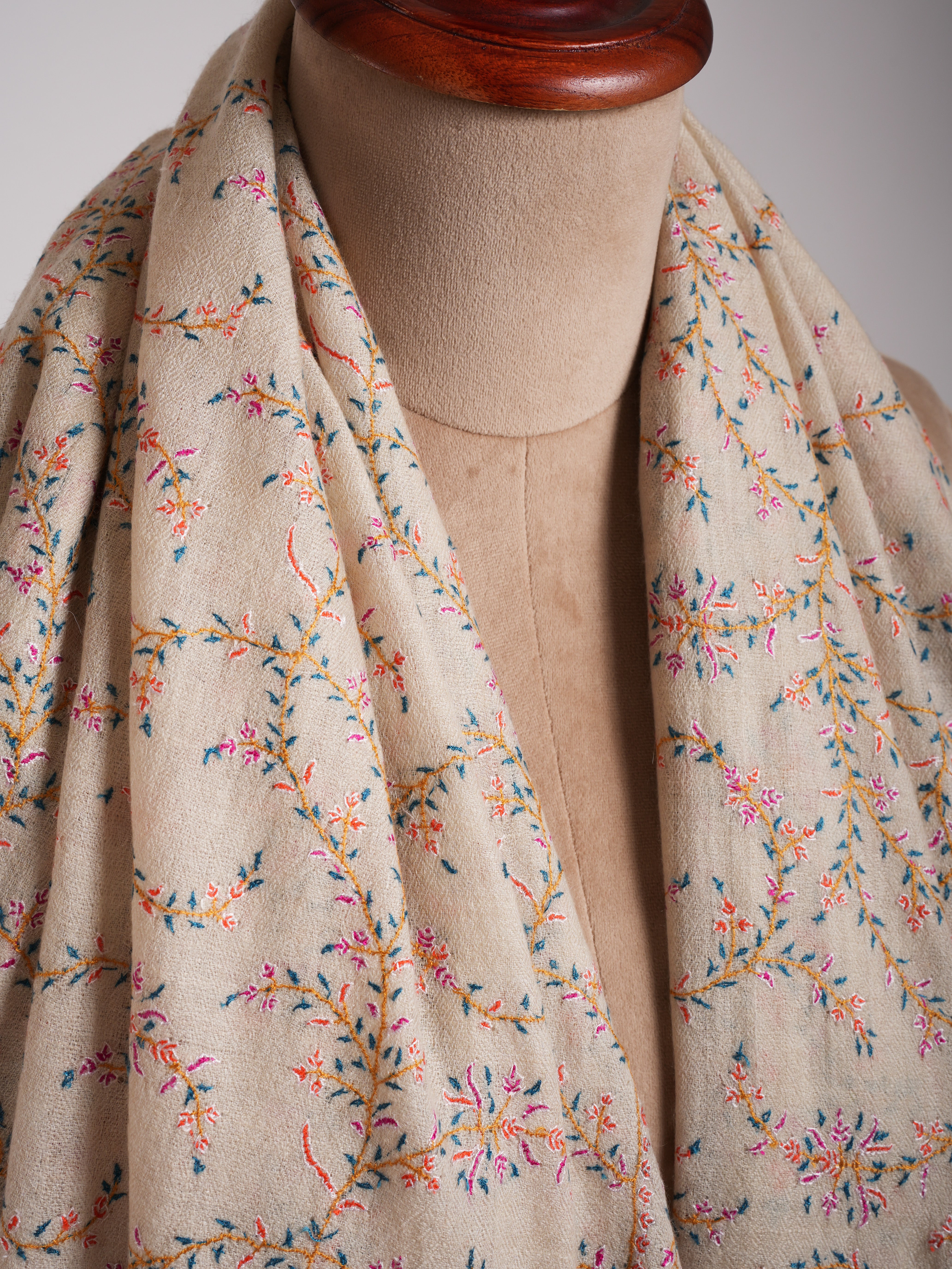 Ivory Authentic Pashmina Shawl with Sozni Embroidery