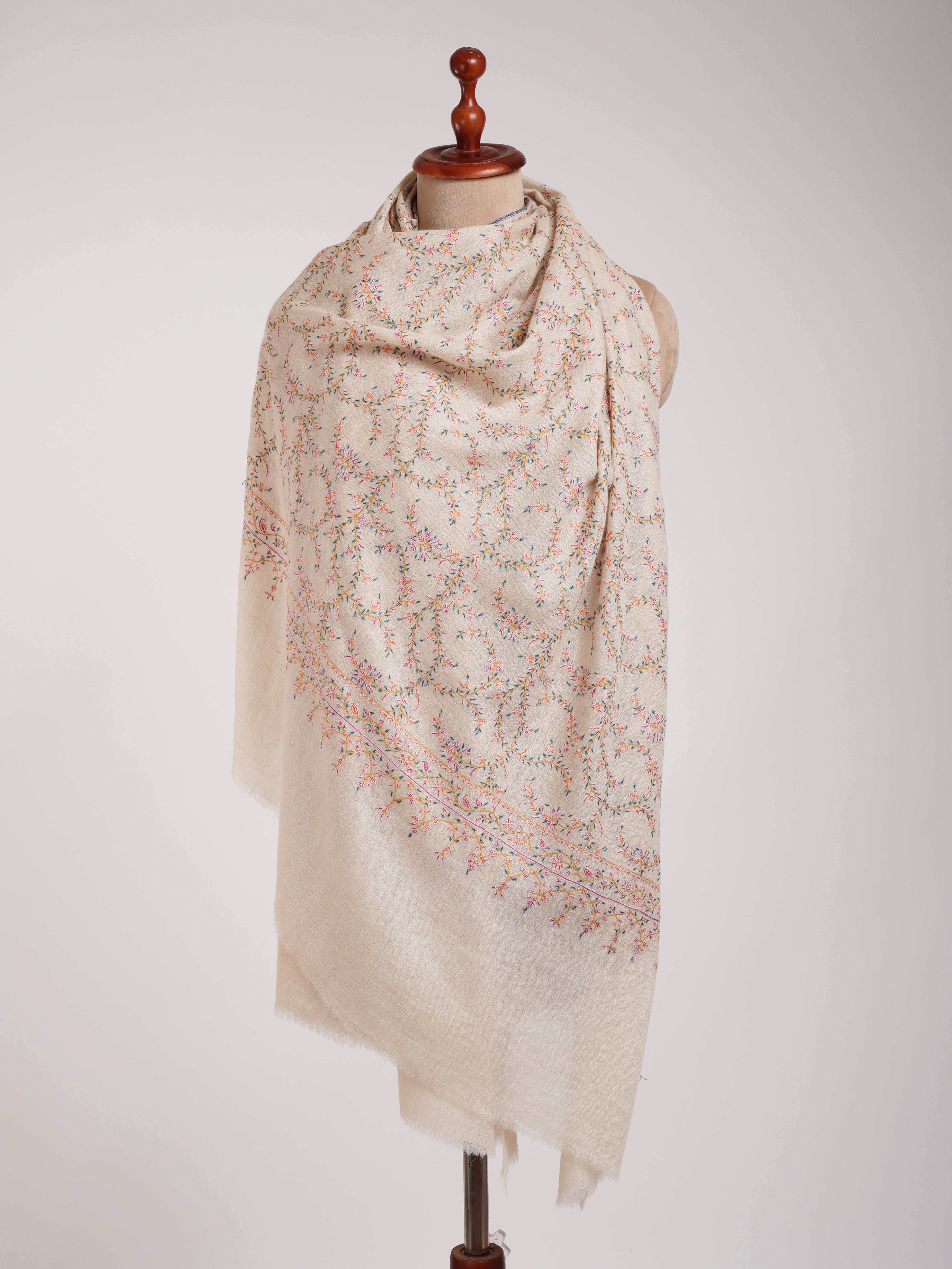 Ivory Authentic Pashmina Shawl with Sozni Embroidery