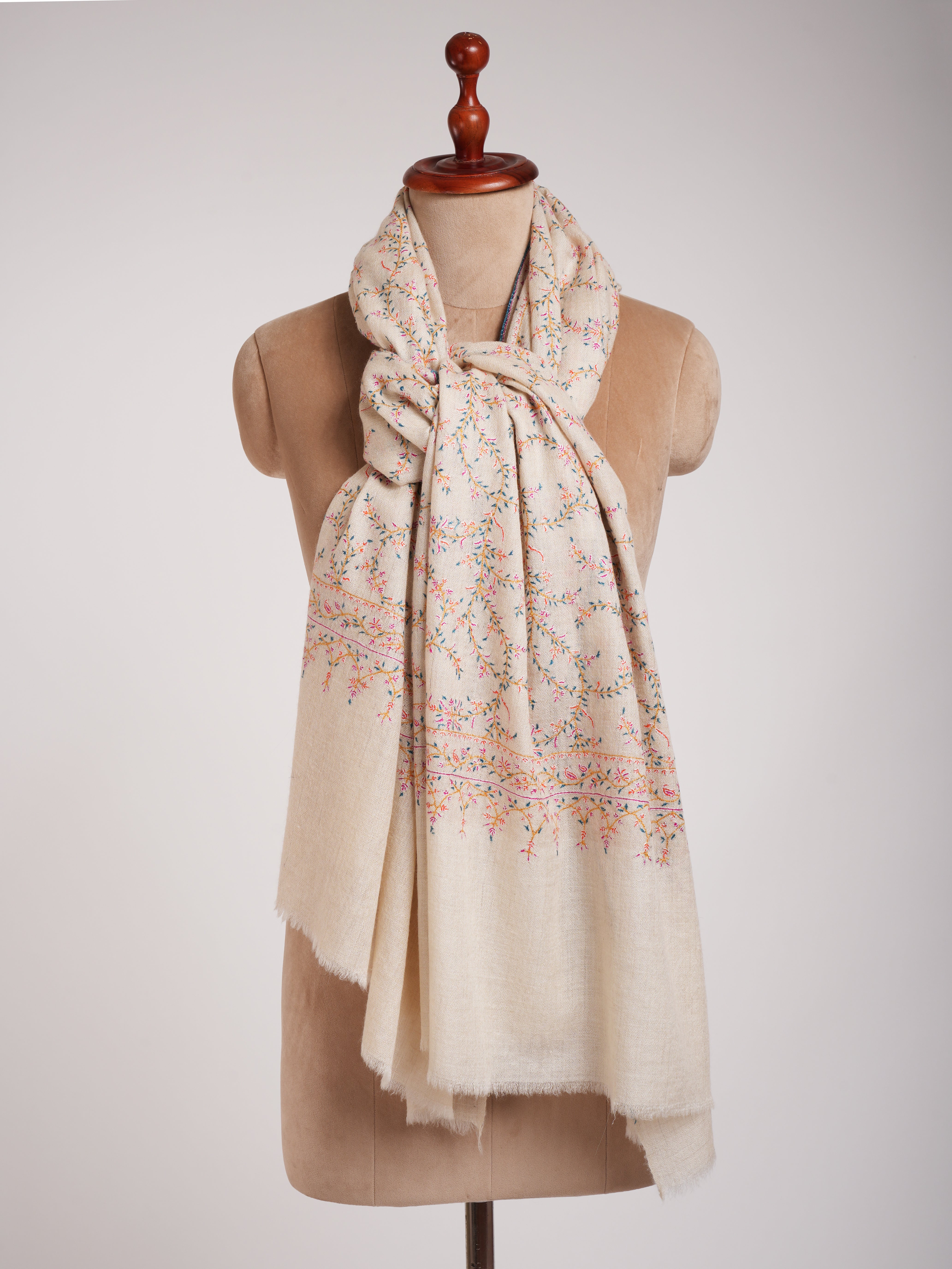 Ivory Authentic Pashmina Shawl with Sozni Embroidery