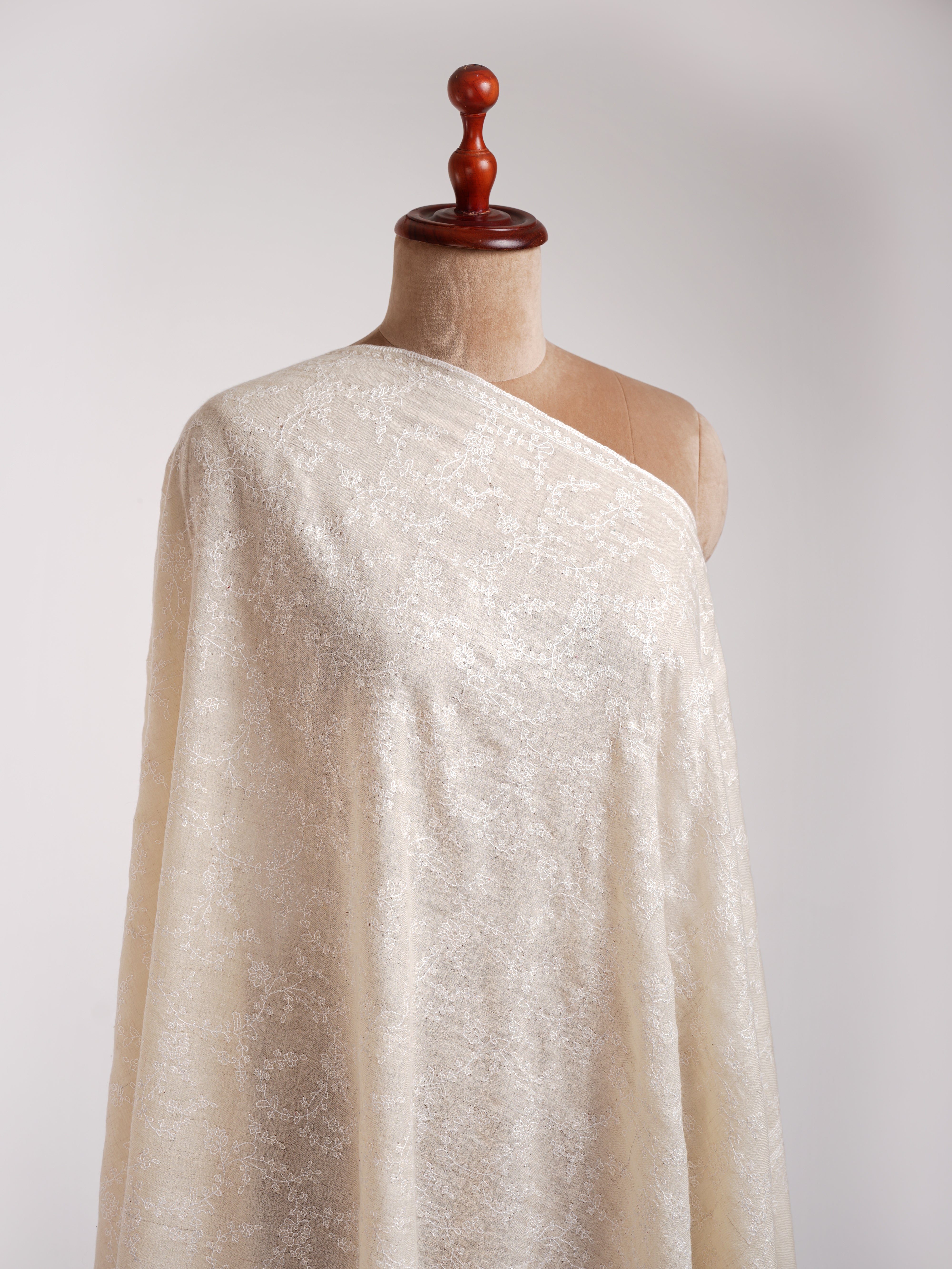 Ivory Cashmere Embroidered Scarf with White Embroidery.