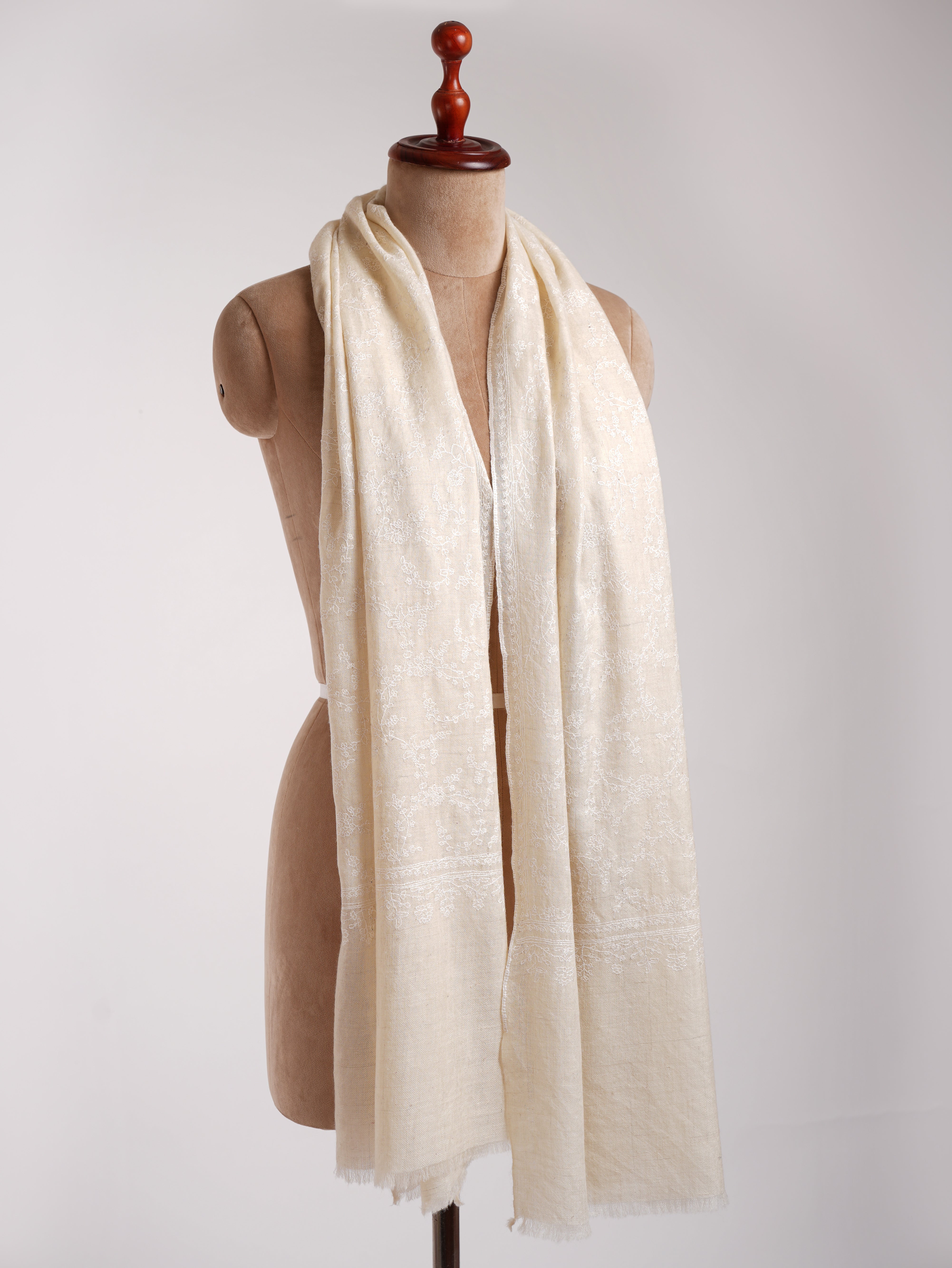 Ivory Cashmere Embroidered Scarf with White Embroidery.