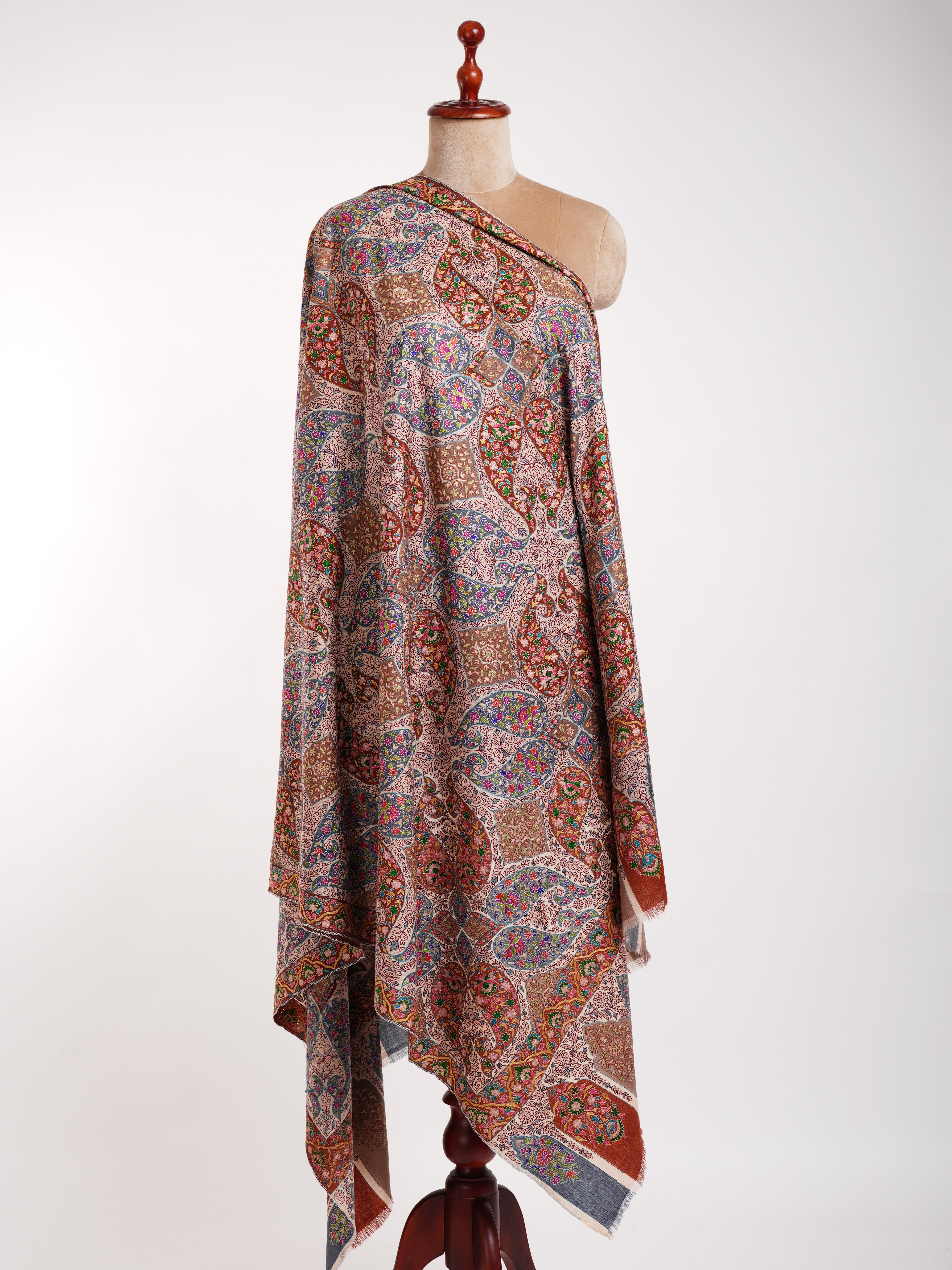 Hand Embroidered 8 Paisley Kalamkari Pashmina Shawl