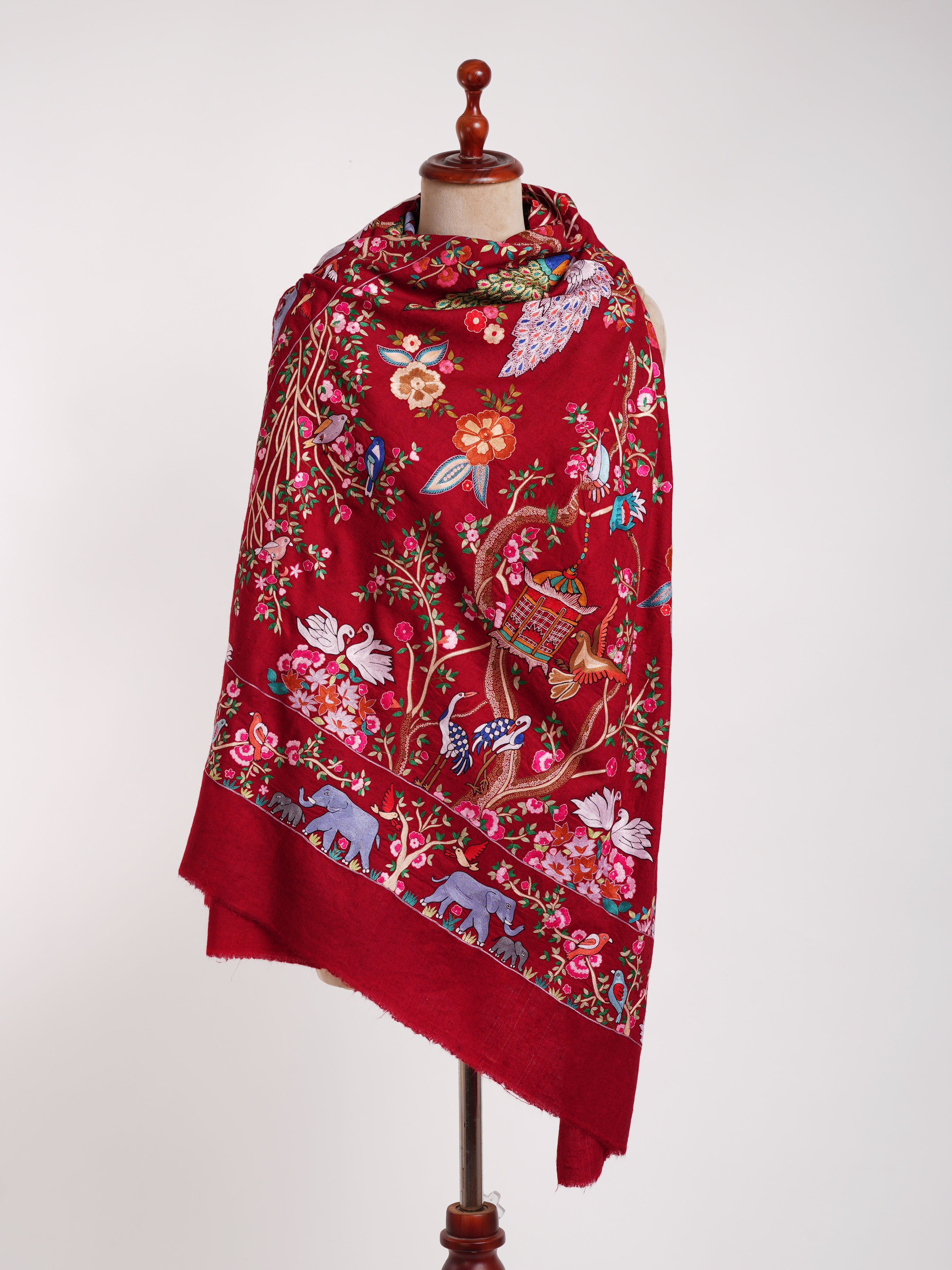 Châle Pashmina Jamavar Paon Rouge Brodé à la Main