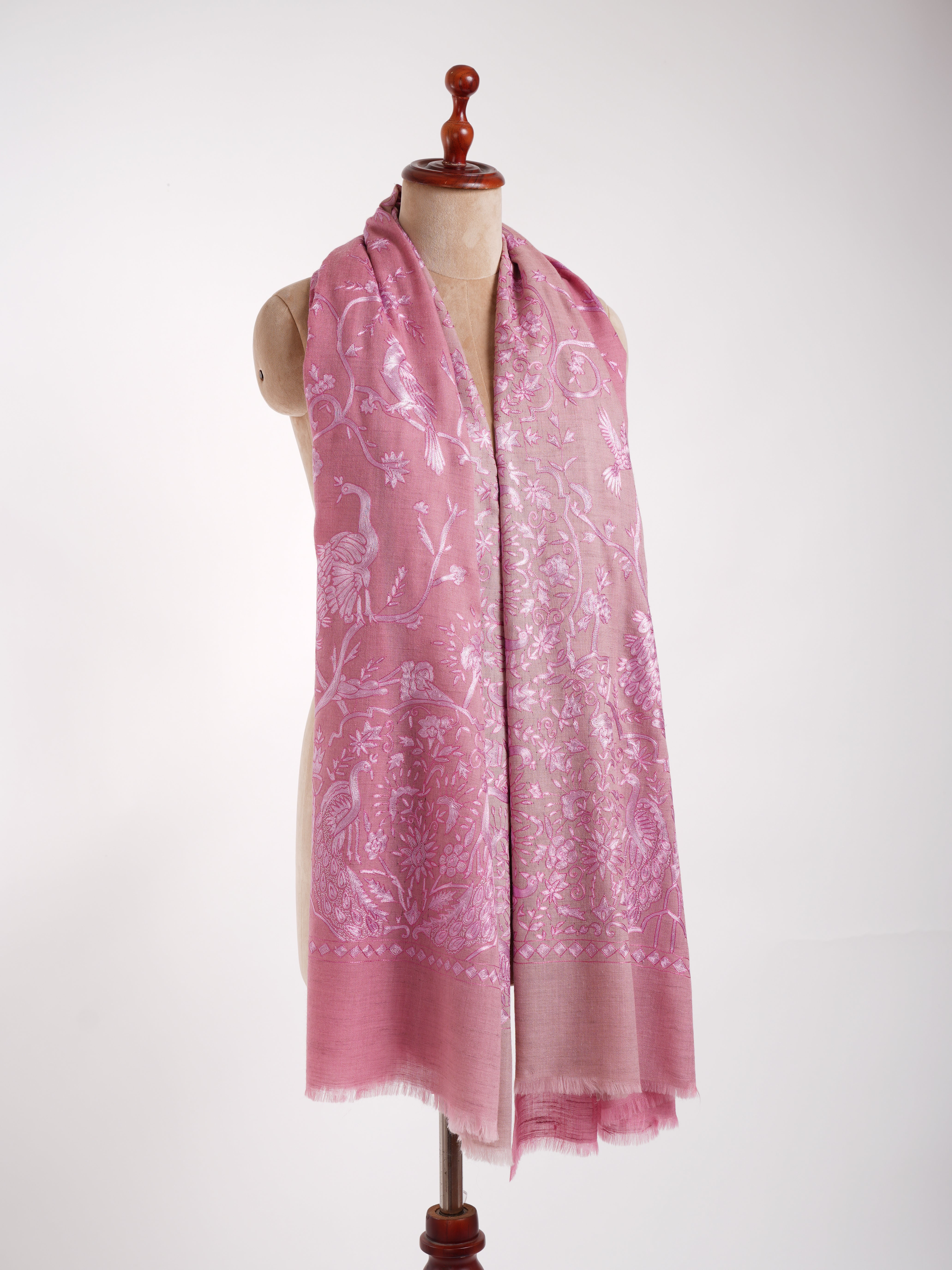 Scialle Pashmina Jamavar ricamato pavone rosa baby Ombre