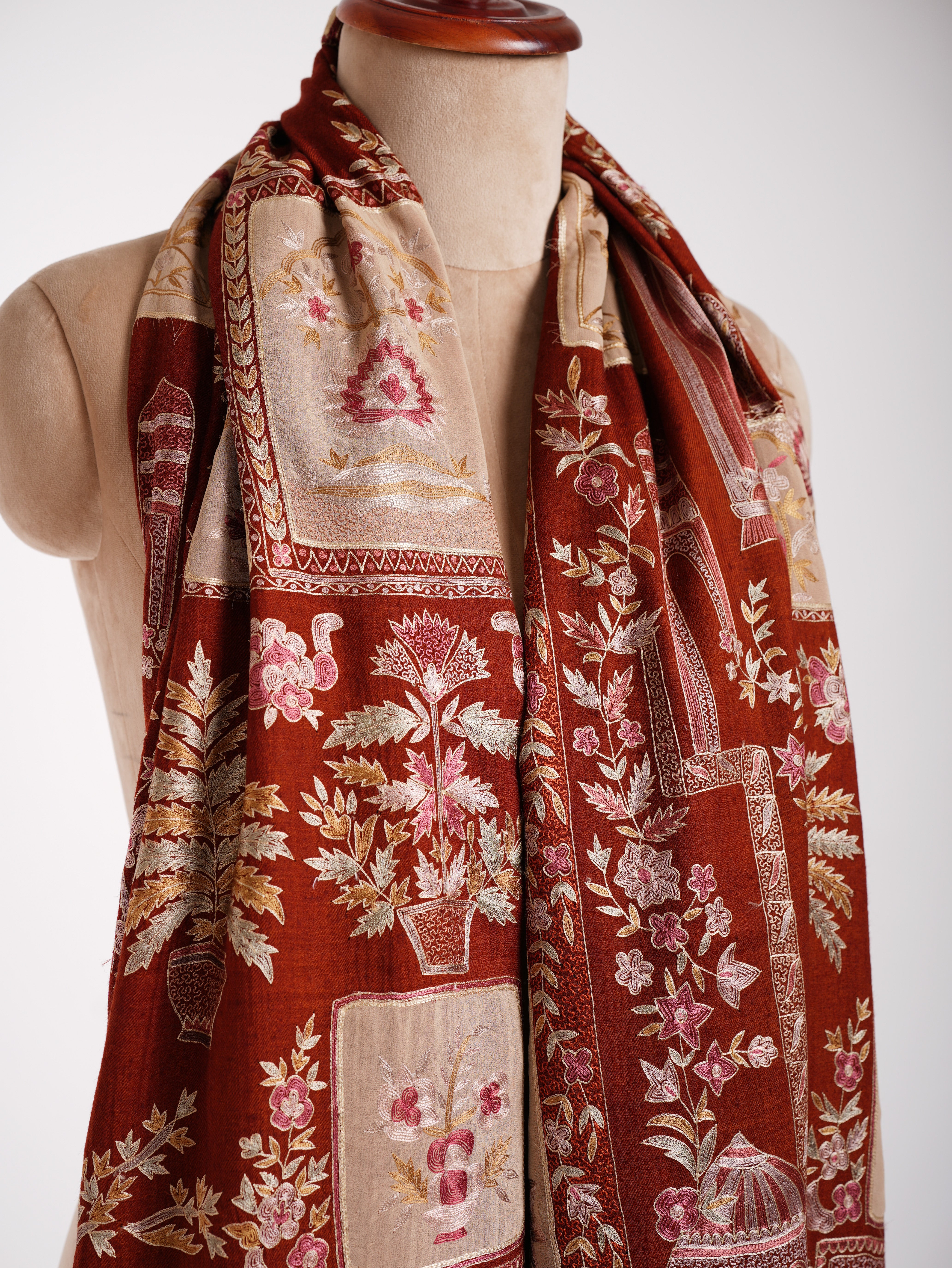 手工刺绣补丁 Kalamkari Pashmina 披肩肉桂棒