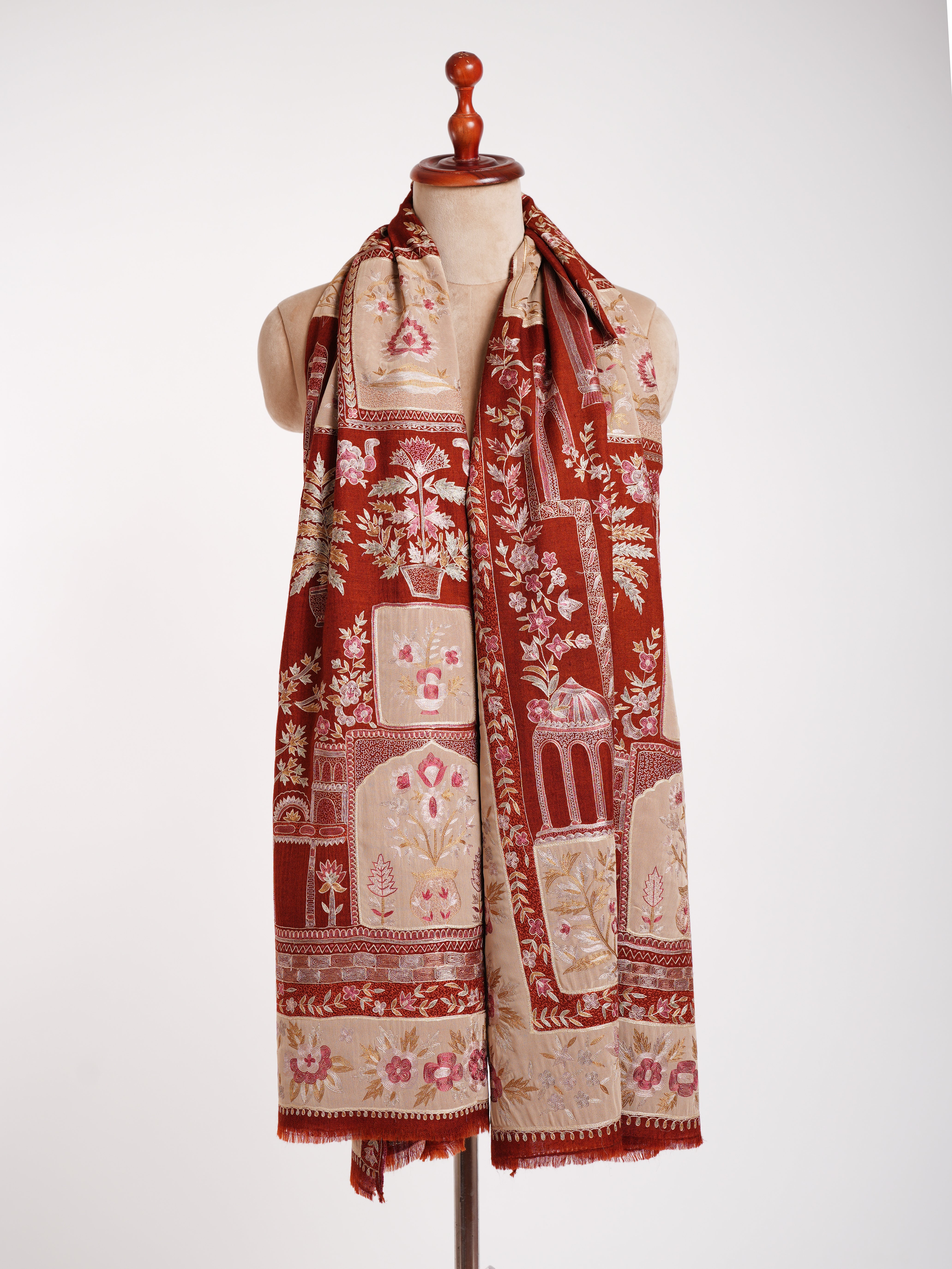 手工刺绣补丁 Kalamkari Pashmina 披肩肉桂棒