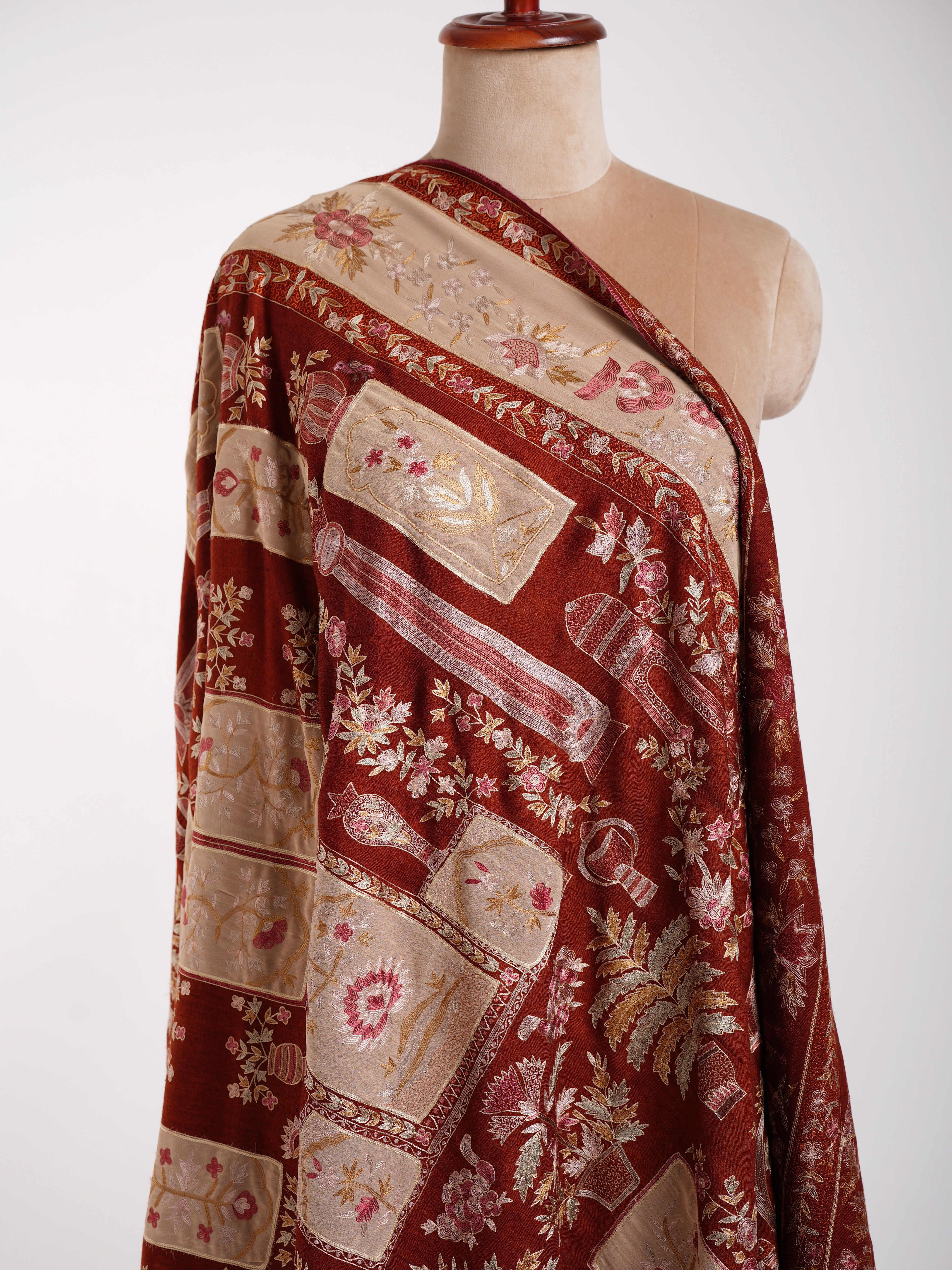 手工刺绣补丁 Kalamkari Pashmina 披肩肉桂棒