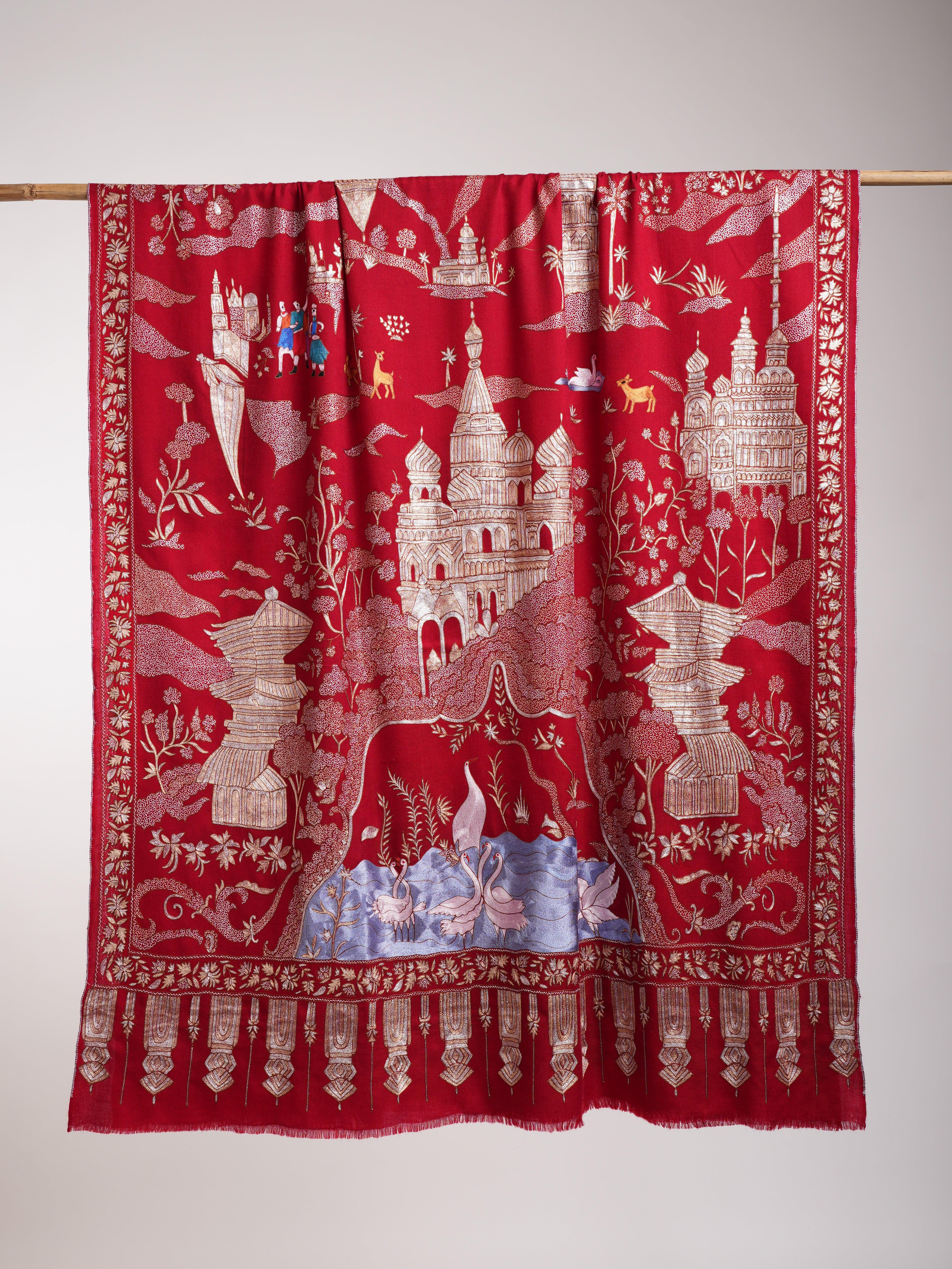 Gestickter Pashmina-Schal in Metallic-Rot von China Town