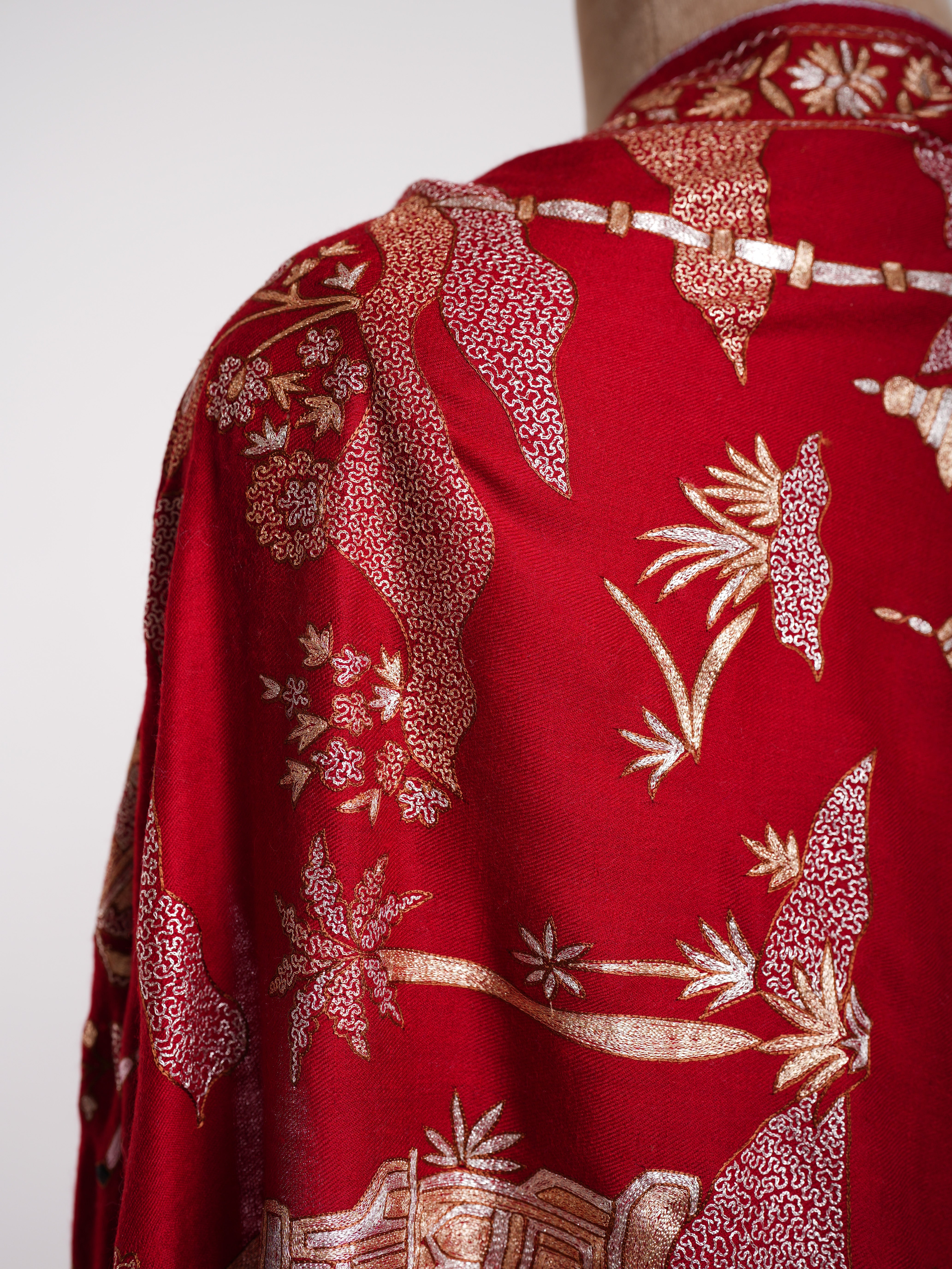 Embroidered China Town Red Pashmina Metallic Shawl