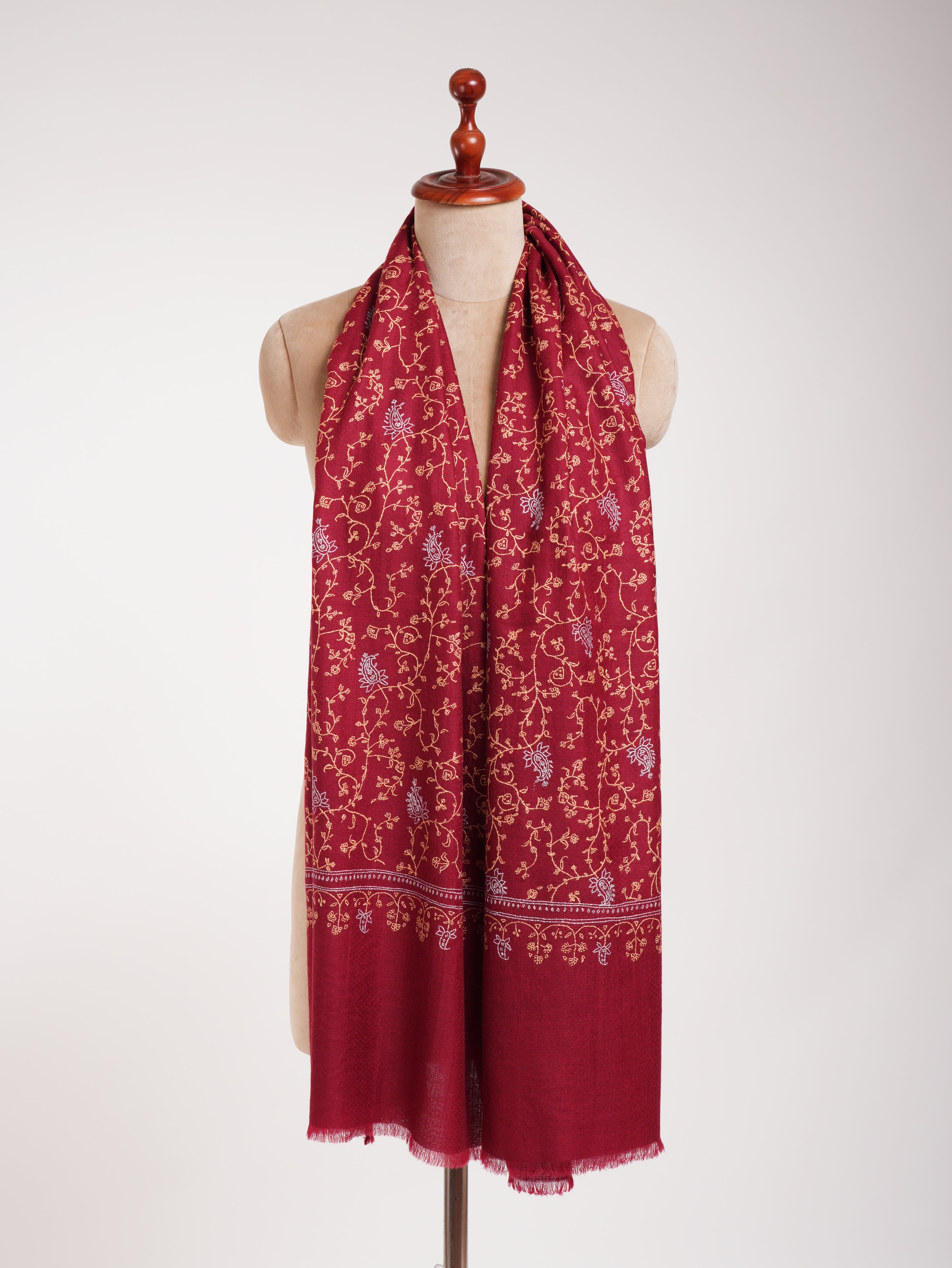 Red Sozni Embroidered Indian Cashmere Stole