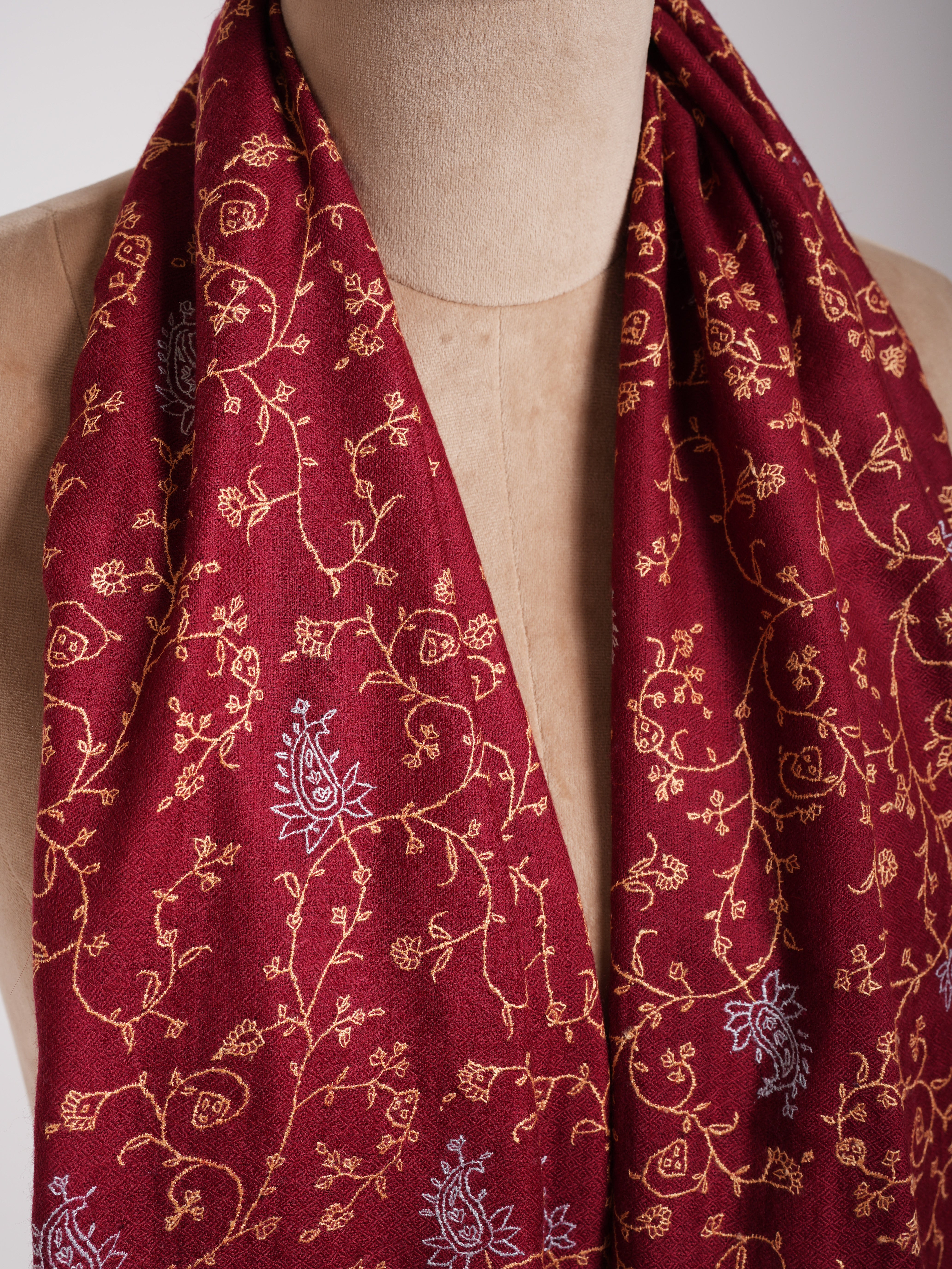 Red Sozni Embroidered Indian Cashmere Stole