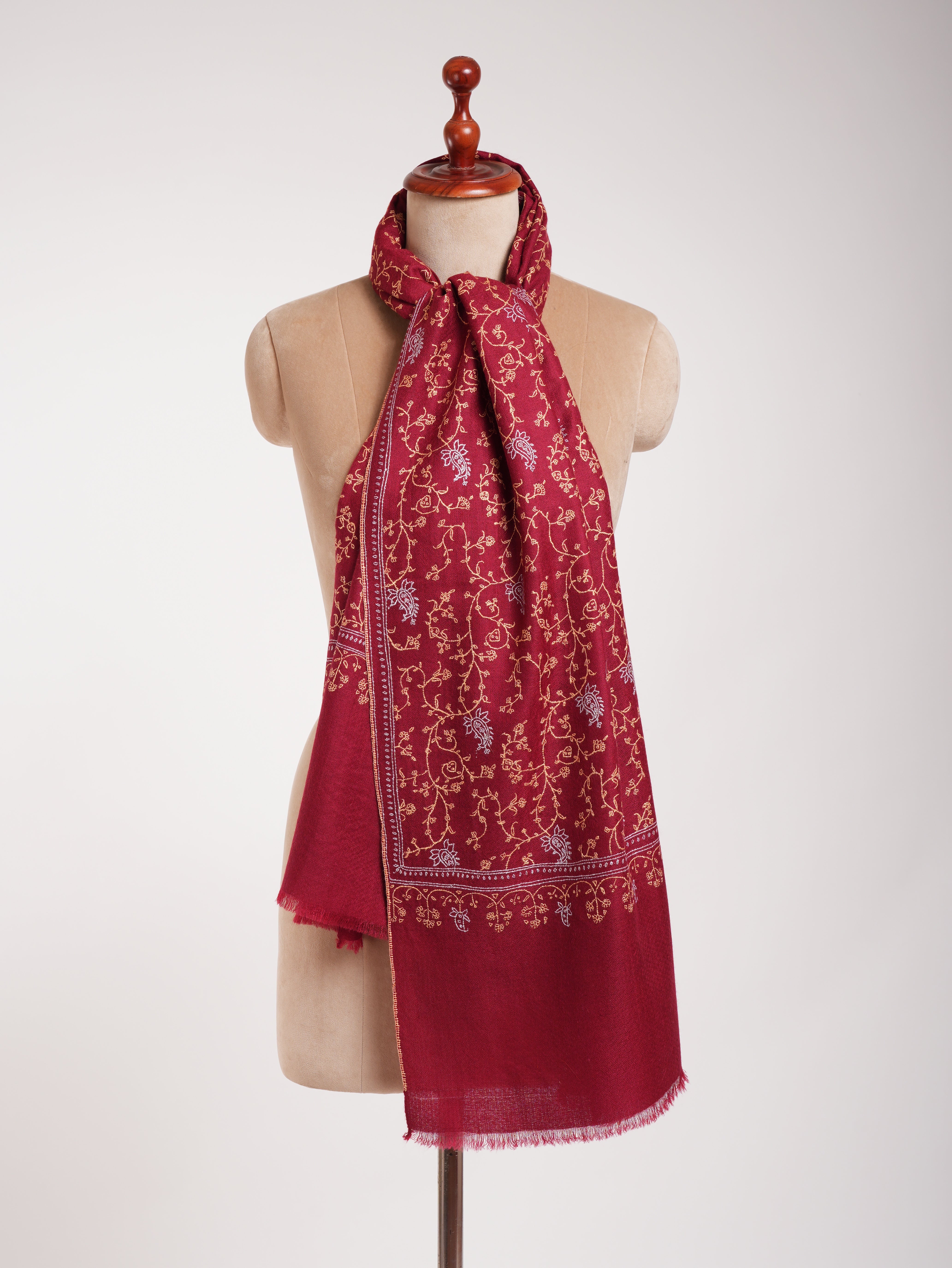 Red Sozni Embroidered Indian Cashmere Stole