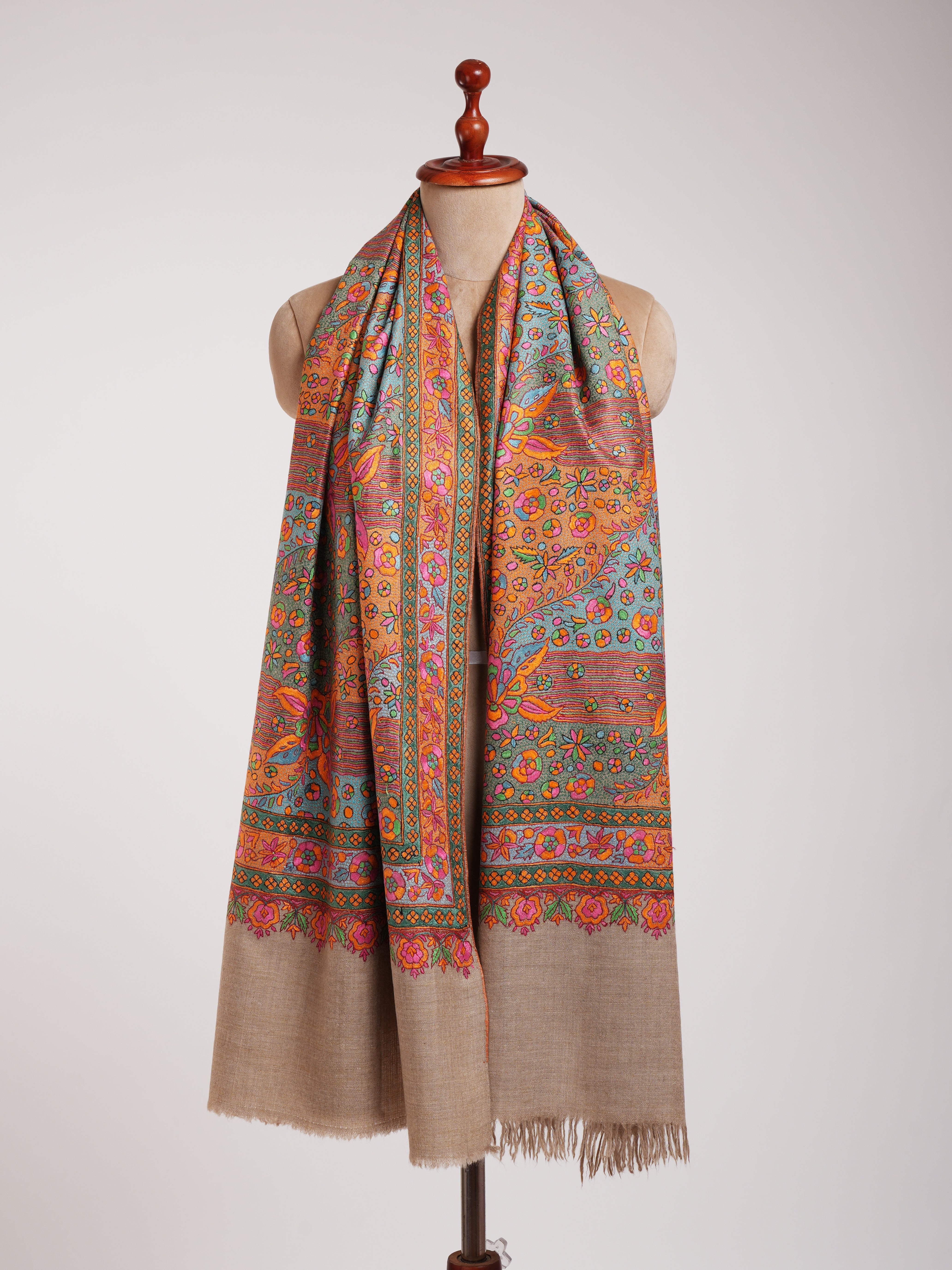 Natural Grey Cashmere Handwoven Embroidered Jamavar Stole