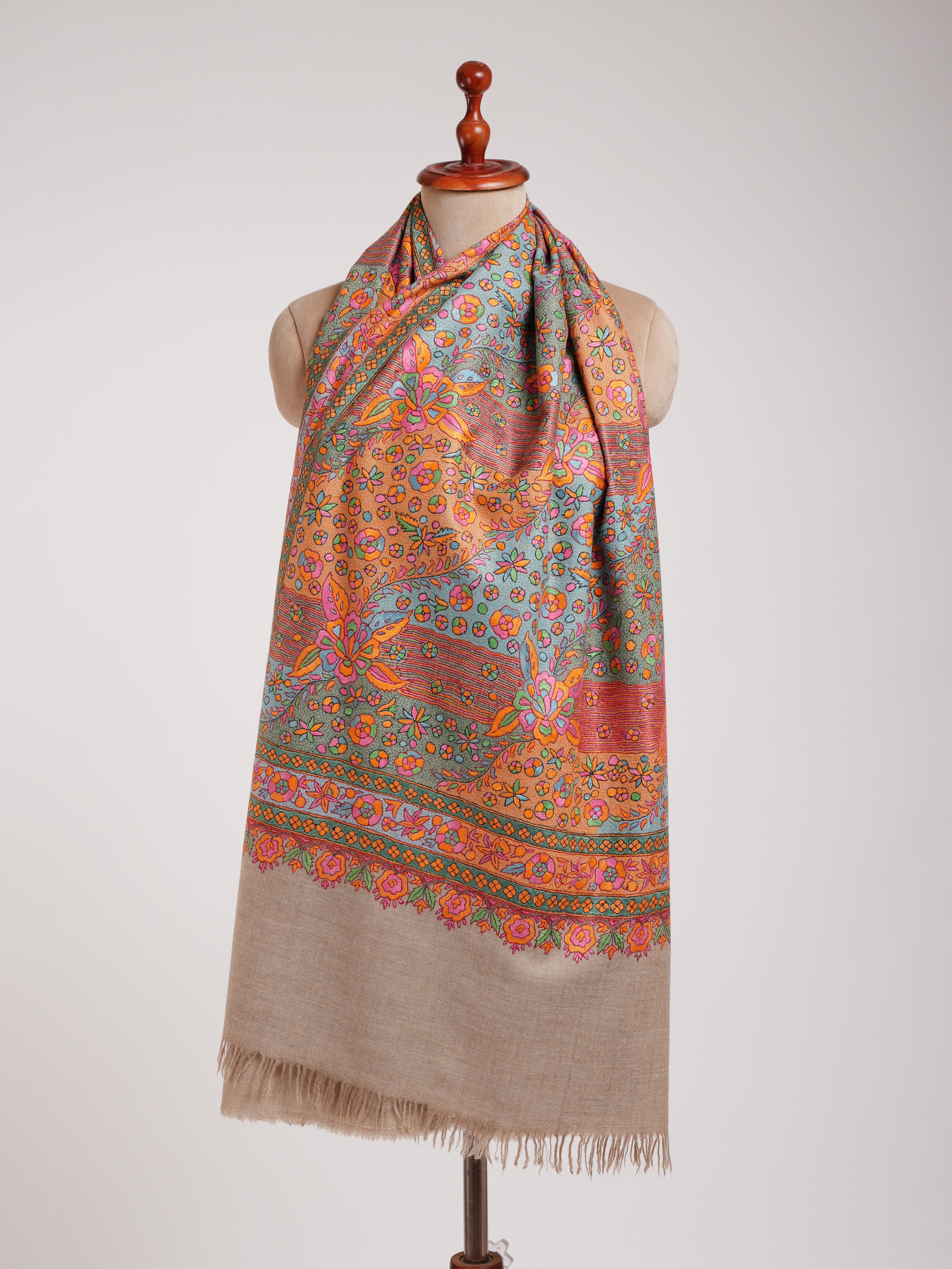 Natural Grey Cashmere Handwoven Embroidered Jamavar Stole