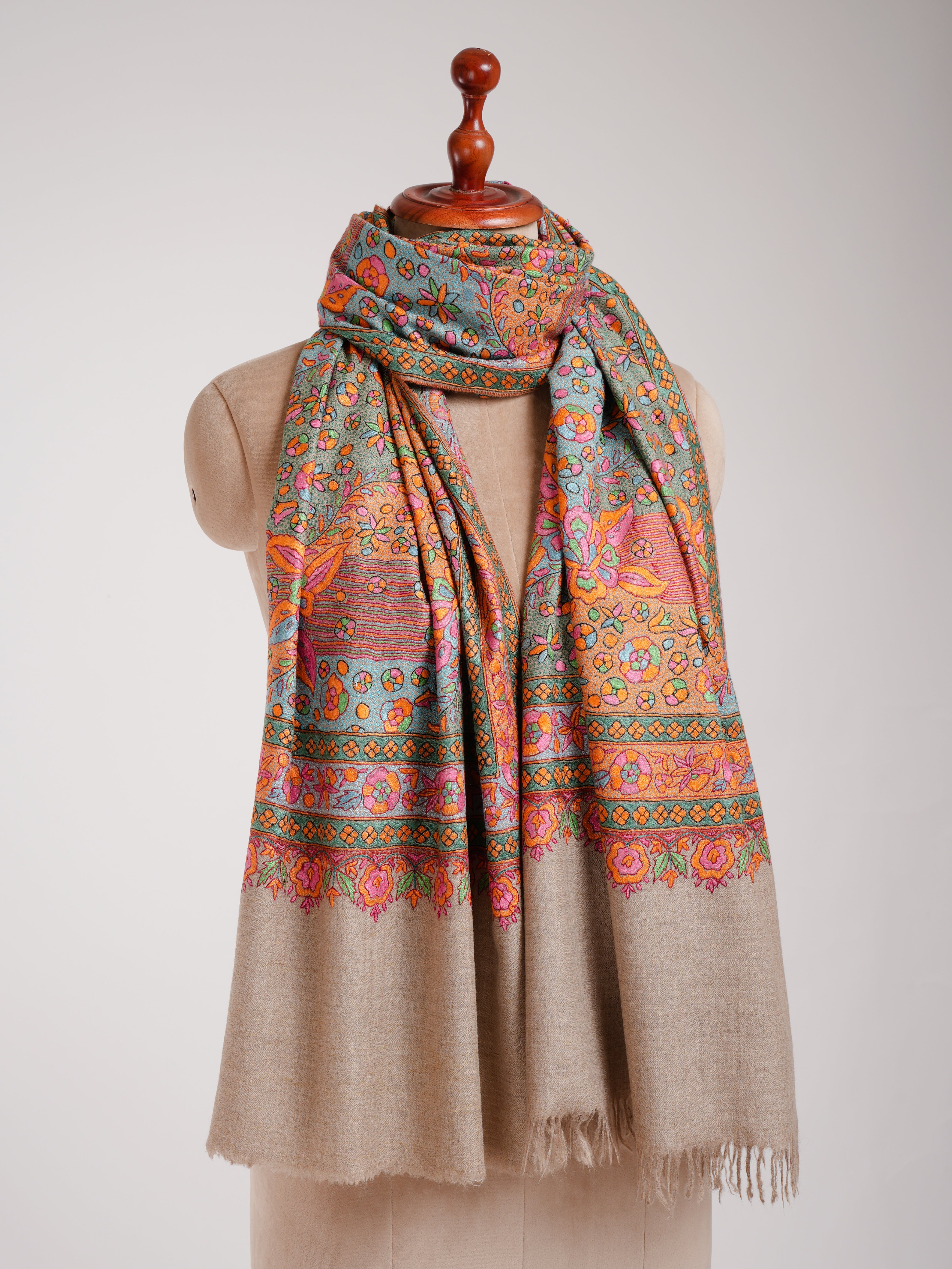 Natural Grey Cashmere Handwoven Embroidered Jamavar Stole