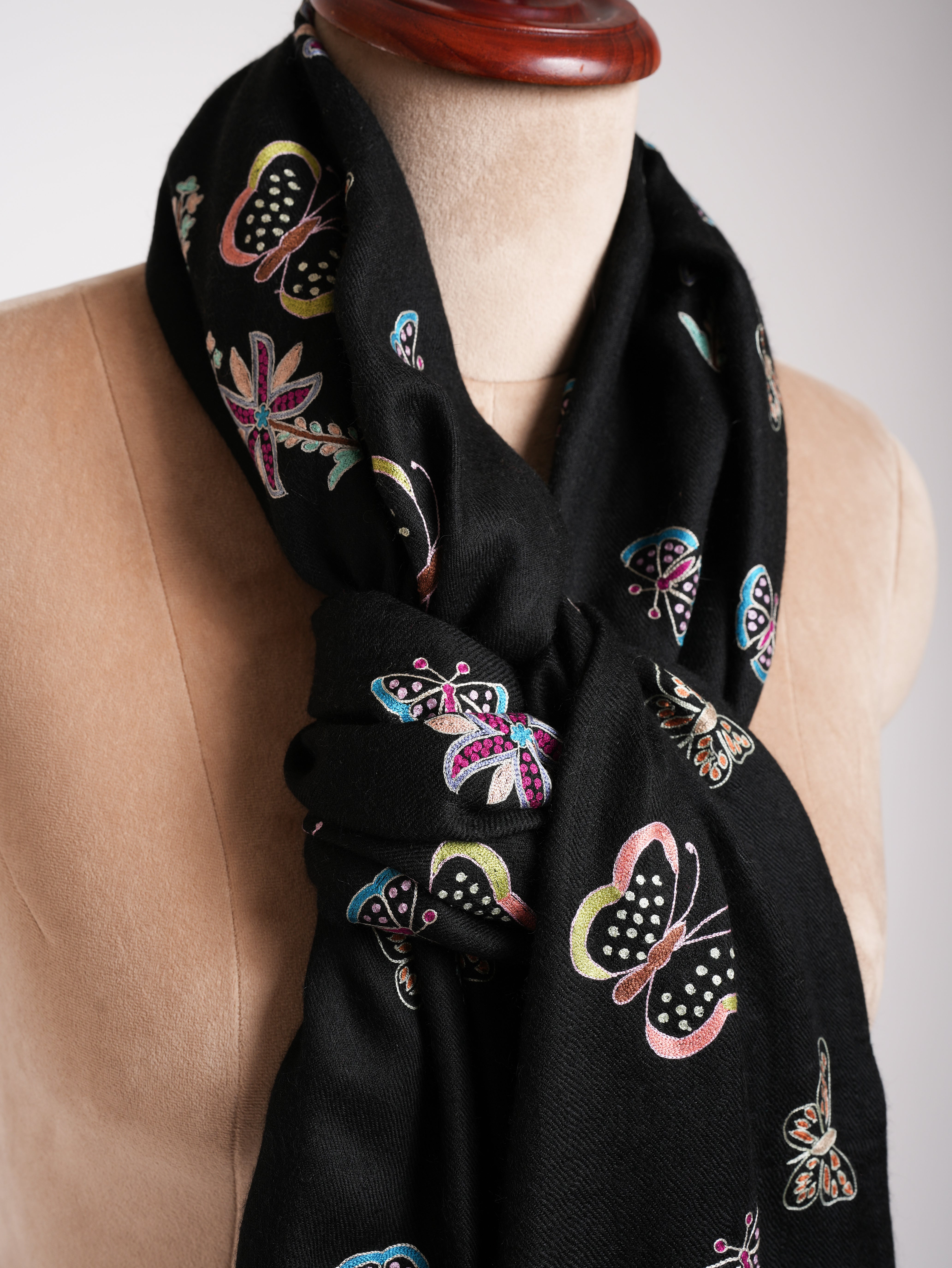 Butterfly Embroidered Black Pashmina Shawl