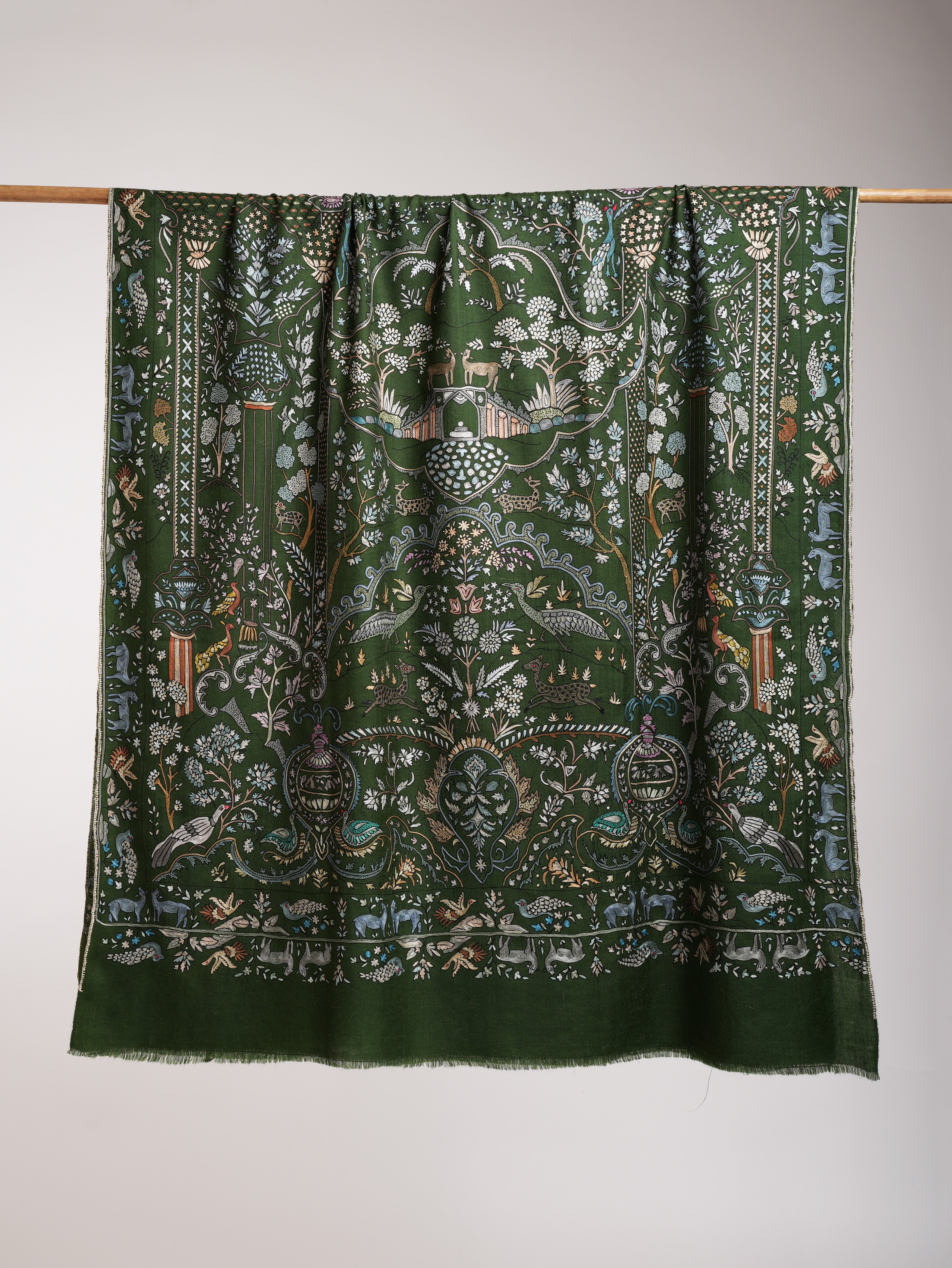 Handcrafted Indian Pashmina Embroidered Shawl in Green