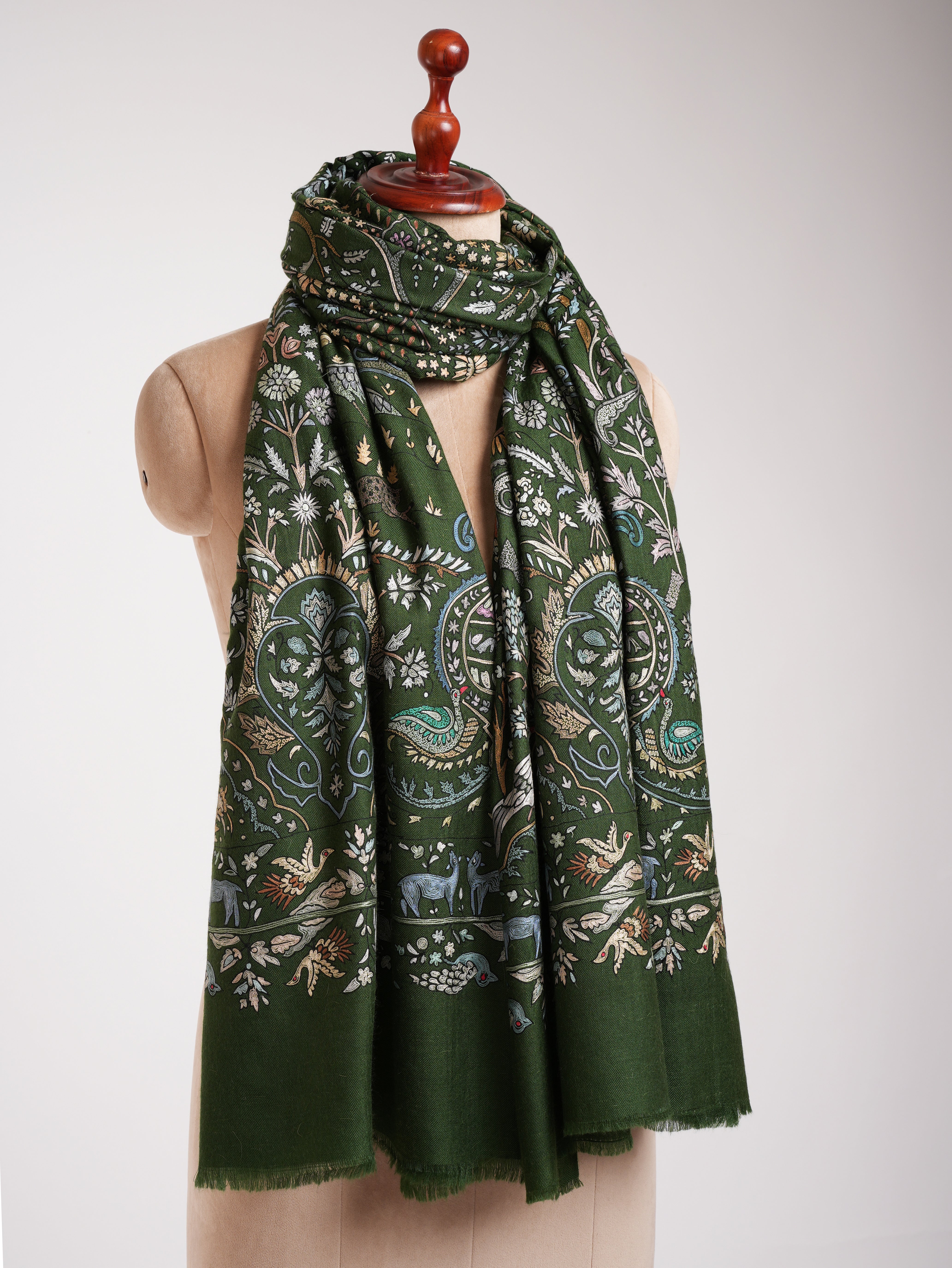 Handcrafted Indian Pashmina Embroidered Shawl in Green